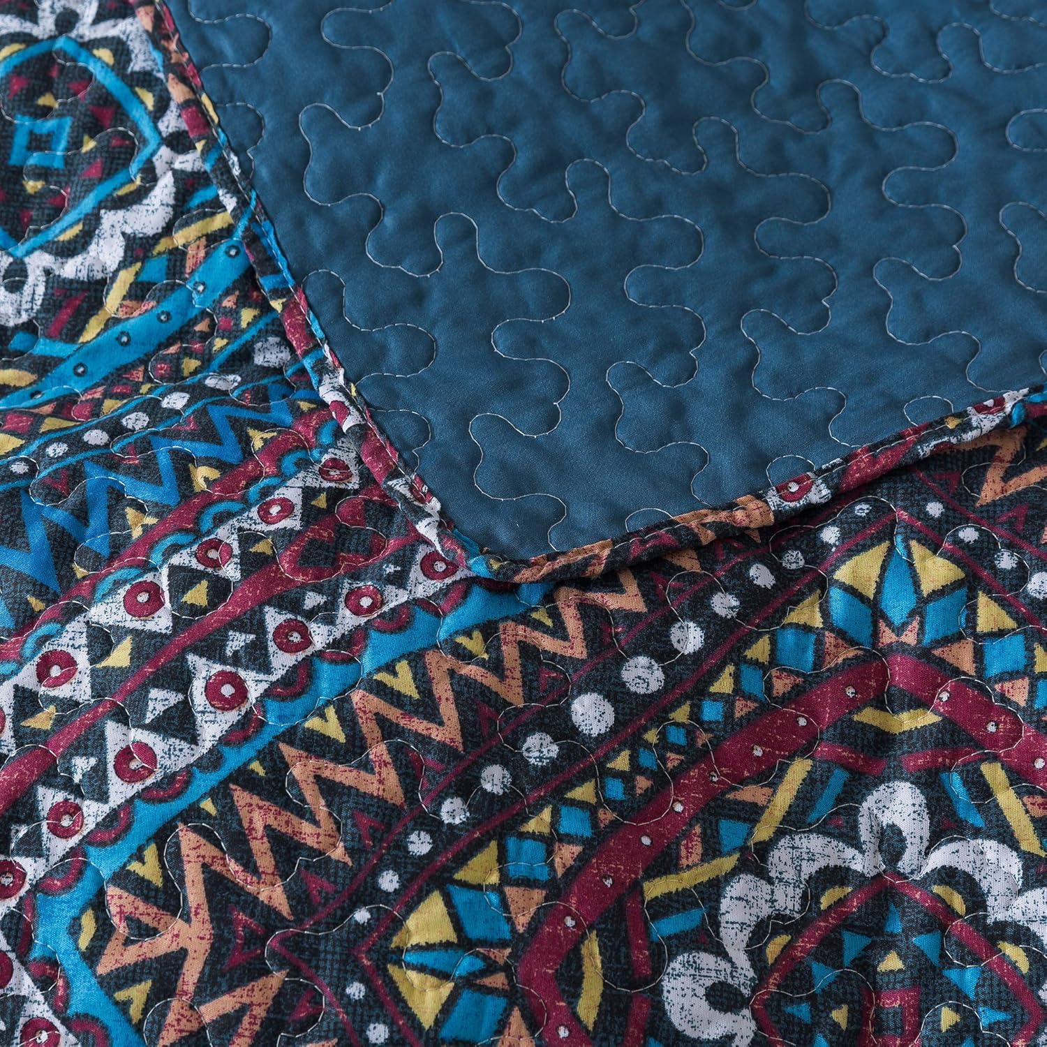 DaDa Bedding Rustic Southwestern Dark Navy Blue Bedspread Set Bohemian Native Geometric Diamond Patterns Quilted Coverlet Quilt Set - Queen Size - 3-Pieces
