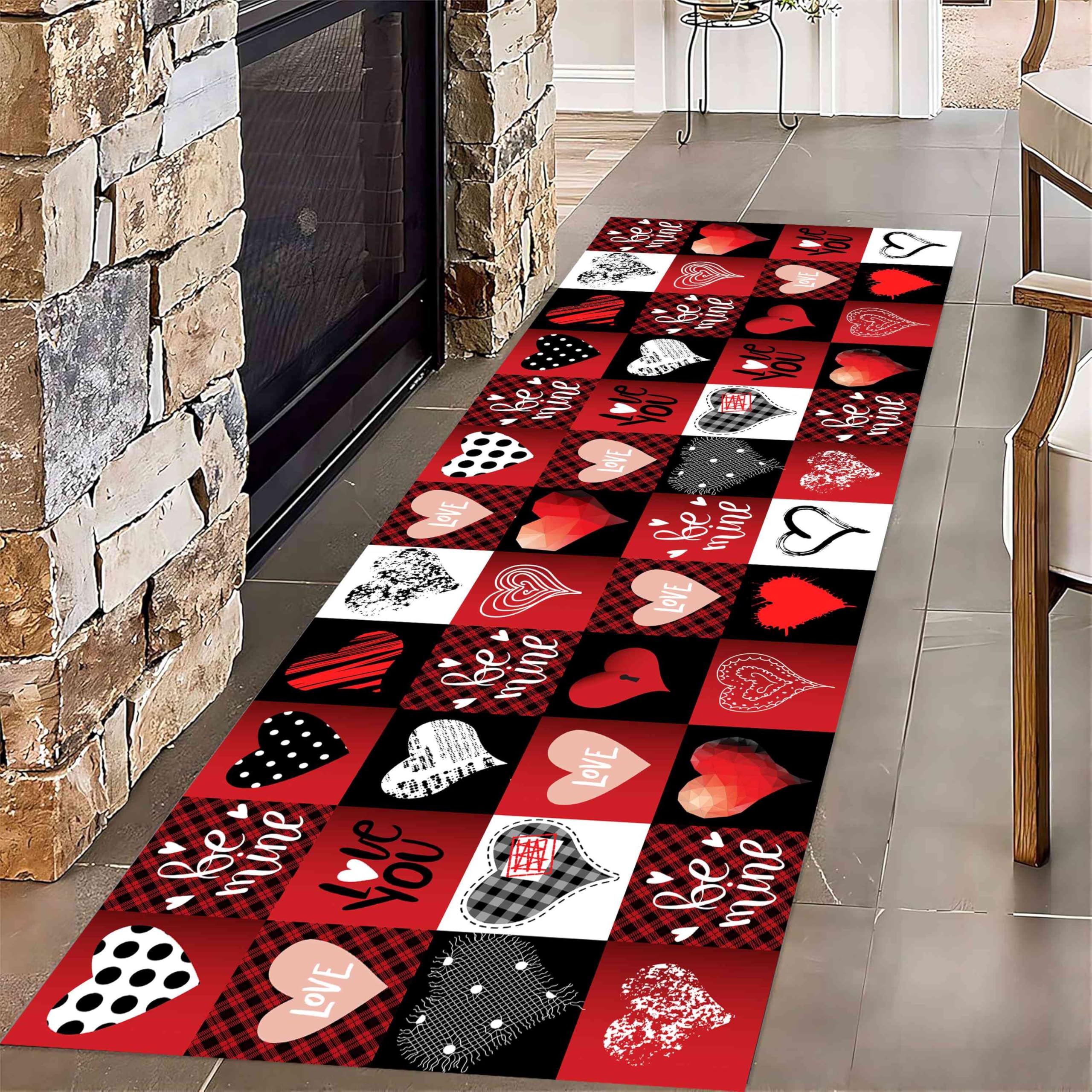 MUOUCTE Valentine's Day Runner Hallway Rug, 2x8ft Black and Red Buffalo Plaid Love Heart Rug, Love Print Pattern Decorative Home Kitchen Rug, Non-Slip