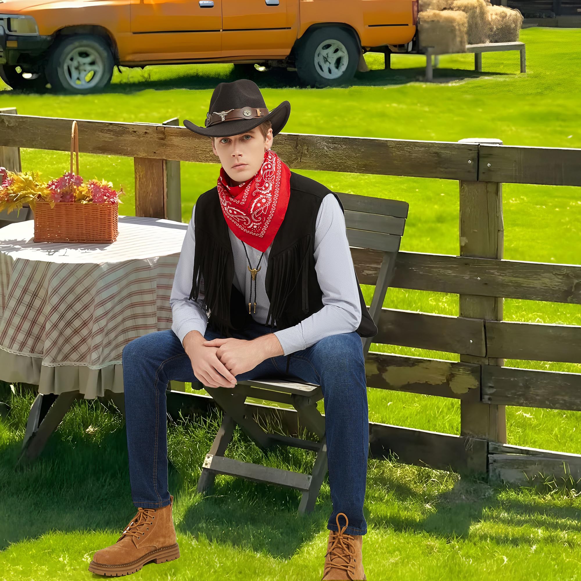 Déguisement Cowboy Cosplay Western Cowboy pour Hommes Gilet à Franges Chapeau Bandana Collier pour Carnaval Costume Hippie pour Adultes