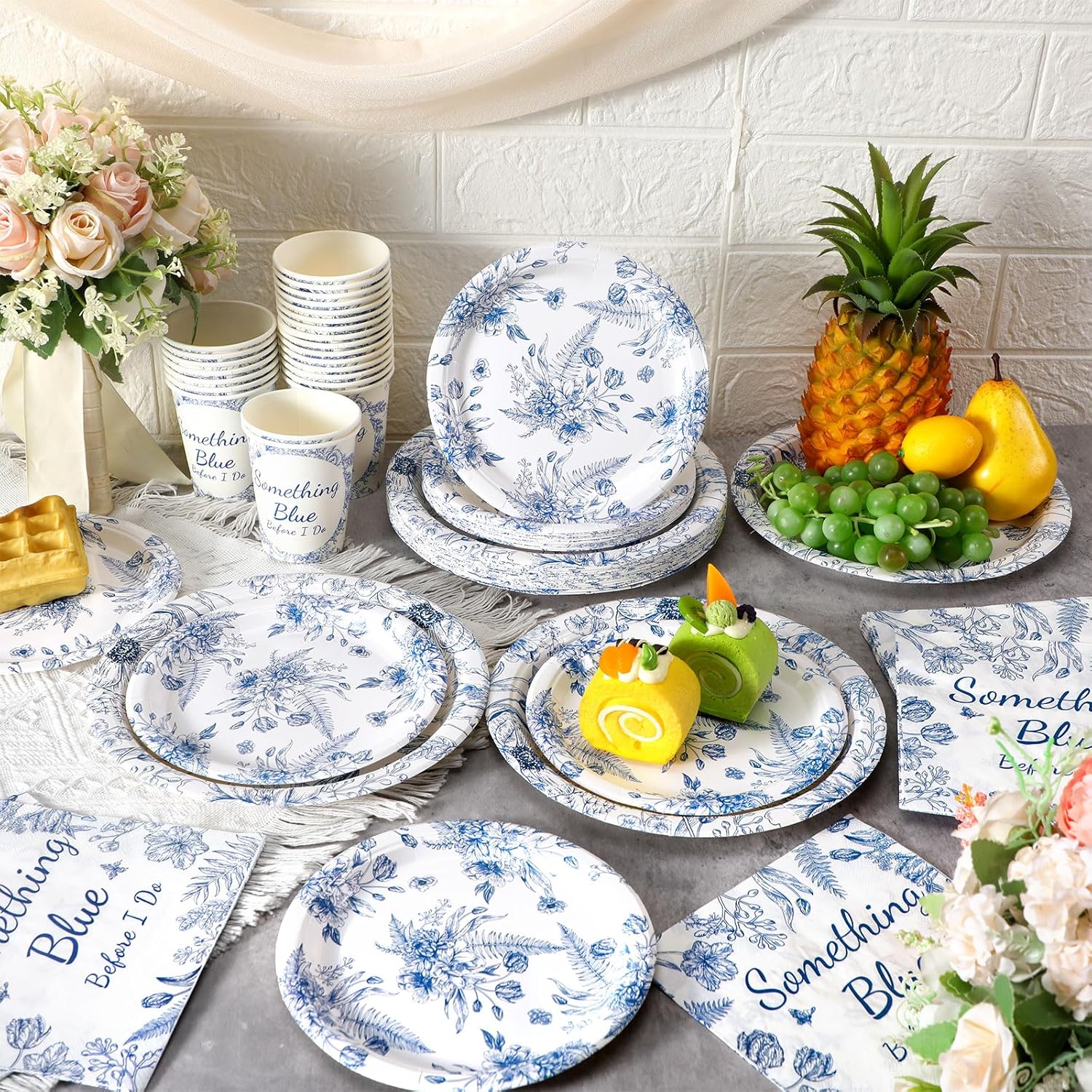Zhehao 250 Pcs Something Blue Bridal Shower Plates Napkins Sets 50 Pcs 9'' Dinner Plates and 7'' Dessert Plate and 9oz Cups 100 Napkins Serves 50 Party Supplies Bridal Shower Engagement Decoration