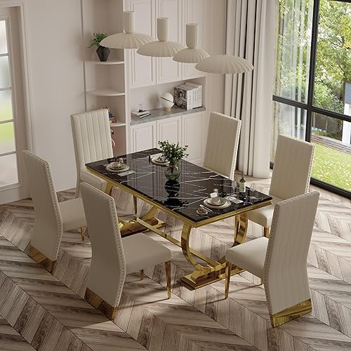 Miniatura 1 de Anewsun Juego de mesa de comedor de 7 piezas, color negro y dorado, mesa de comedor con textura negra con 6 sillas tapizadas de cuero blanco, juego