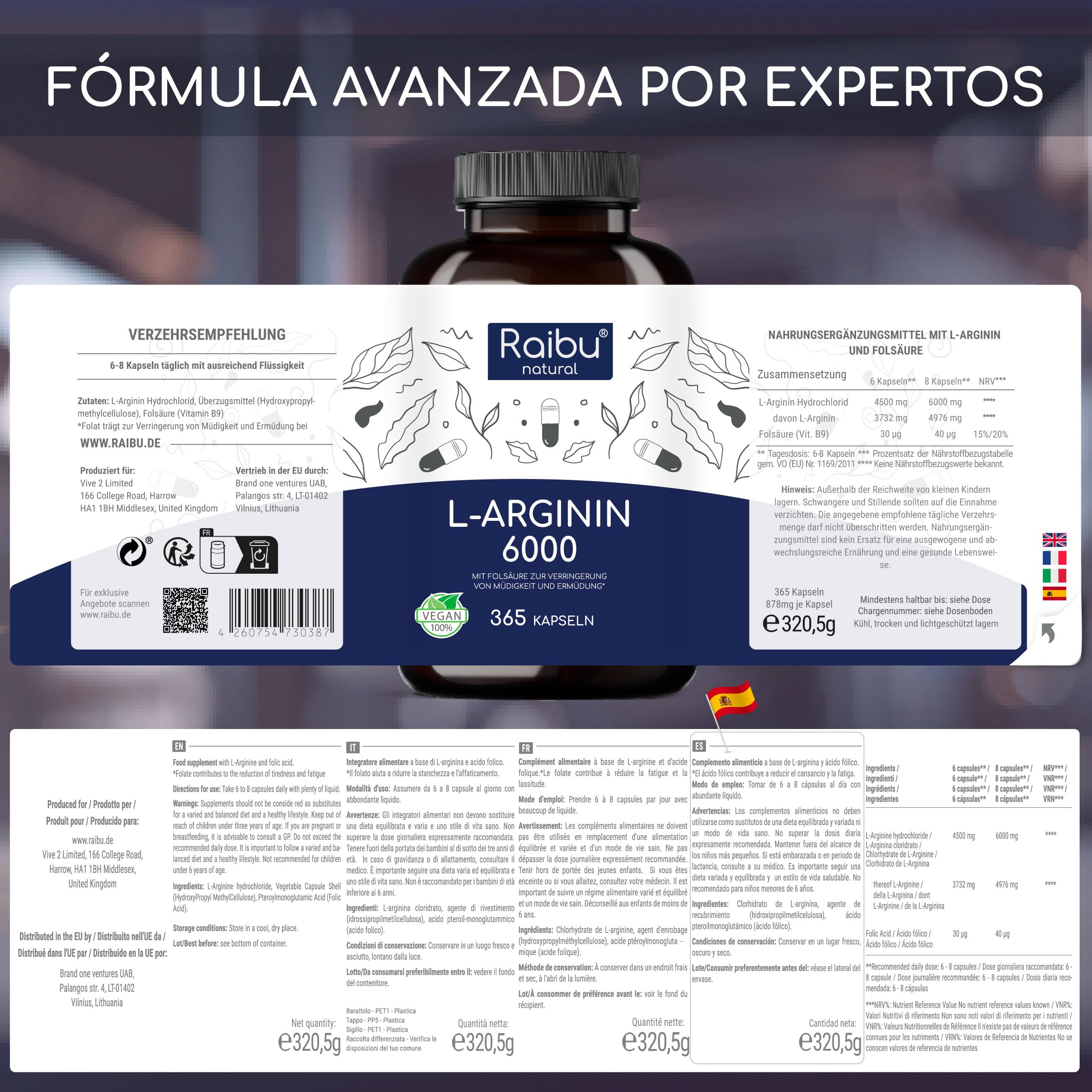 L-Arginina 365 Cápsulas - 6000 mg L-Arginina HCL Pura para Circulación por Dosis Diaria - Alta Dosificación, Sin Aditivos y Probado en Laboratorio