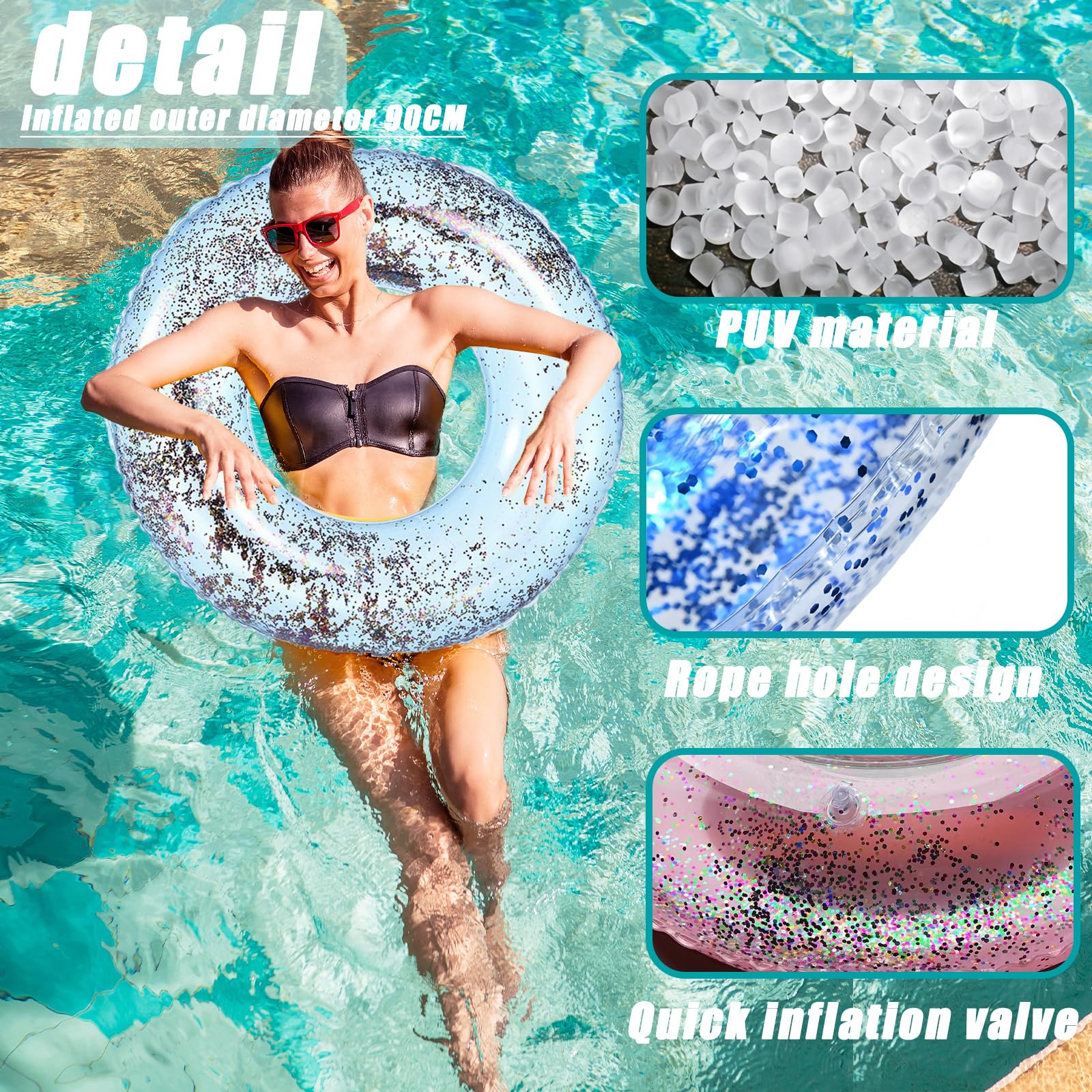 Pool Inflatables Swimming Ring Rubber Rings for Adults Light Blue Sequins Inflatable Pool Water Toys,Inflatable Pool Floats Swim Rings for Women Men Summer Party Beach Water Sport - Image 3