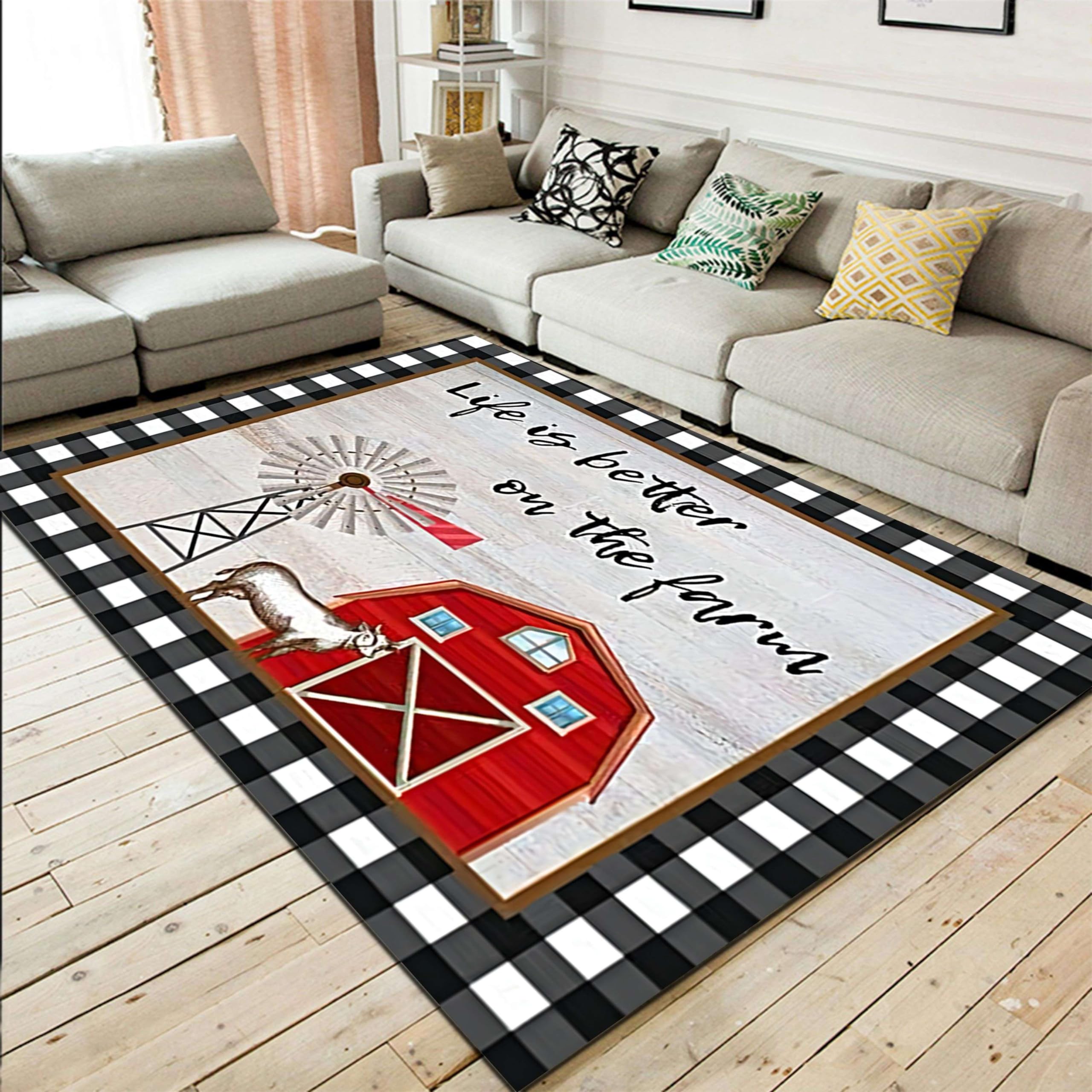 LHOMKCV Rustic Cabin Area Rug,4x6ft, Red Farmhouse Barn Windmill Cow Print Rugs, Vintage Animal Black White Plaid Accent Rug, Machine Washable Durable