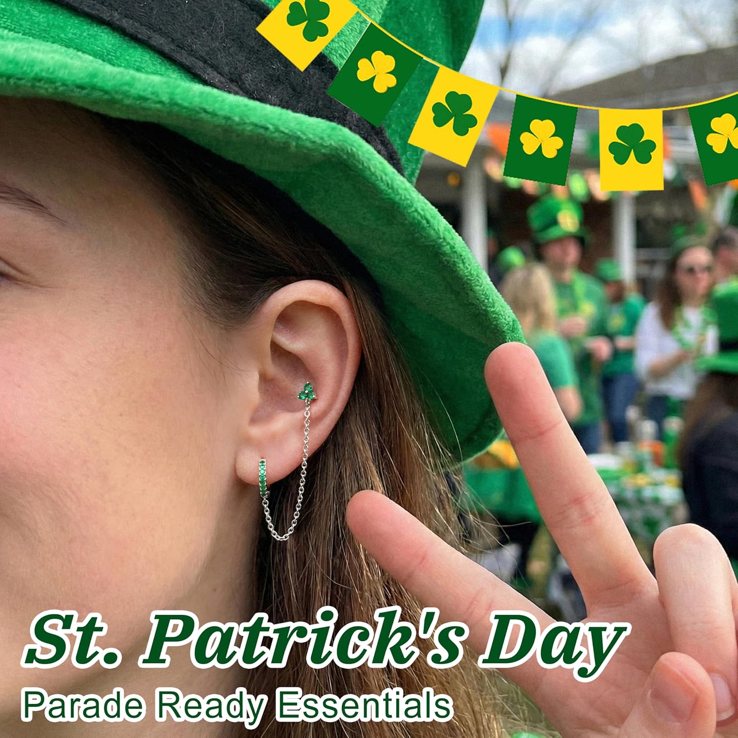 Gold Chain Earrings for Women, Hypoallergenic Huggie Hoop Stud for Catilage Conch Double Piercing, St. Patrick's Day Sterling Silver Chain Earring Jewelry - Image 2