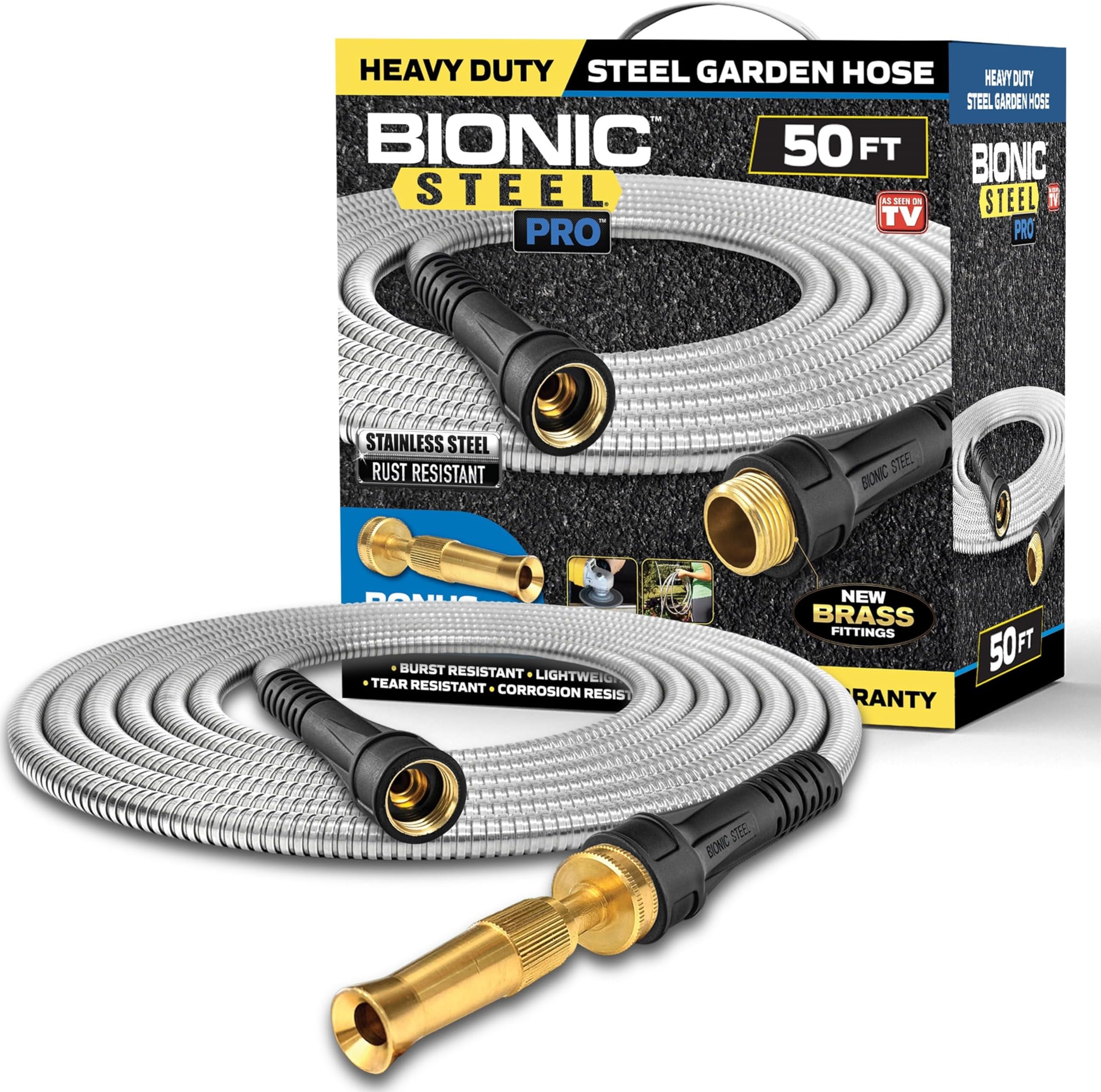 BIONIC STEEL PRO Metal Garden Hose 50 Ft with Nozzle, 304 Stainless Steel Water Hose, 50 Ft Garden Hose Tough & Flexible, Lightweight, Crush Resistant, Kink & Tangle Free, Rust Proof - 2025 Model
