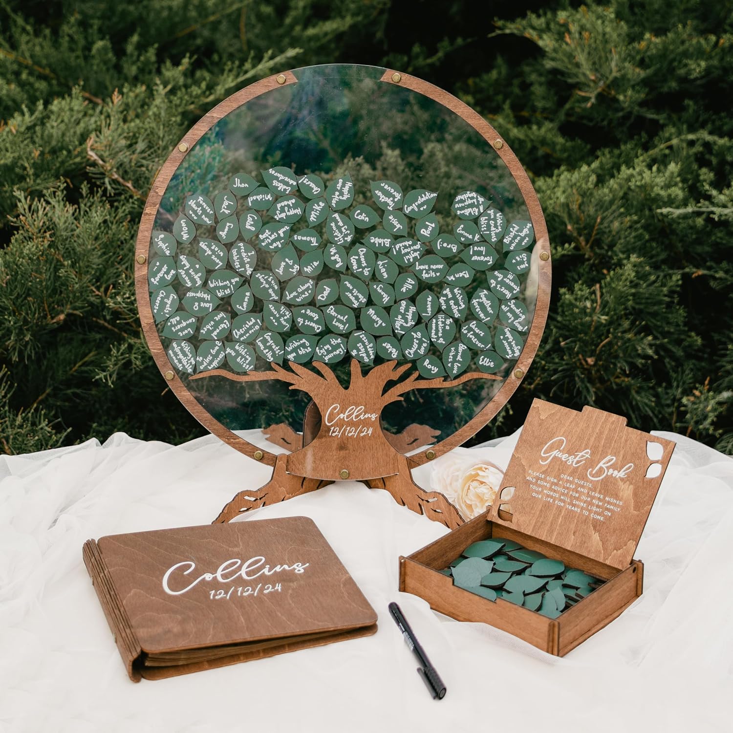 Personalized Wedding Guest Book Alternative - Wedding Decorations for Ceremony Outside Inside - Bridal Shower Guest Book for Party Wedding Sign In Book - Round Rustic Wedding Guest Book Sage Green