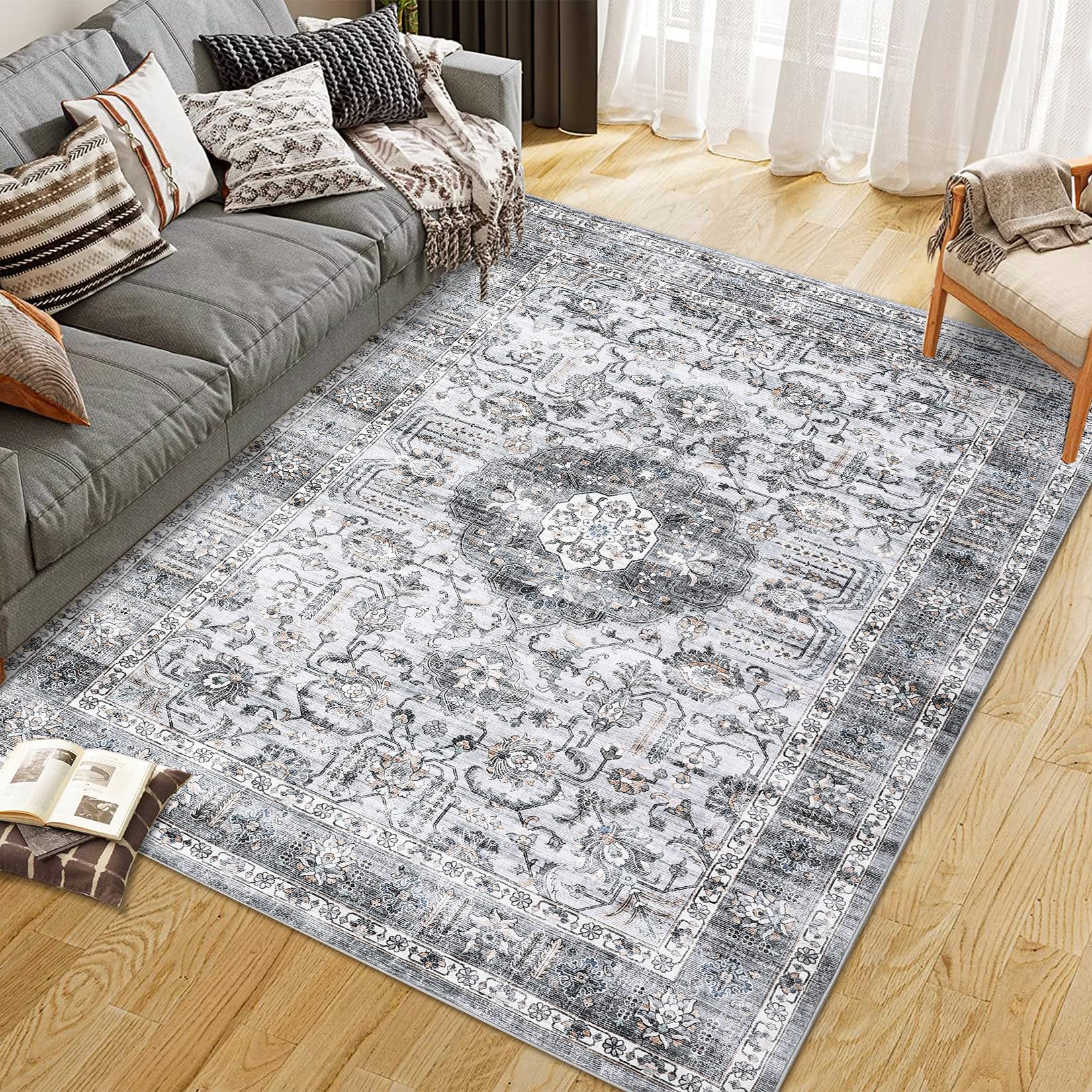 GarveeHome 9x12 Vintage Washable Area Rug for Living Room: Vintage Living Room Machine Washable Area Rug with Non-Slip Backing Low Pile Carpet for Bedroom Large Stain Resistant Dining Room Carpet Grey