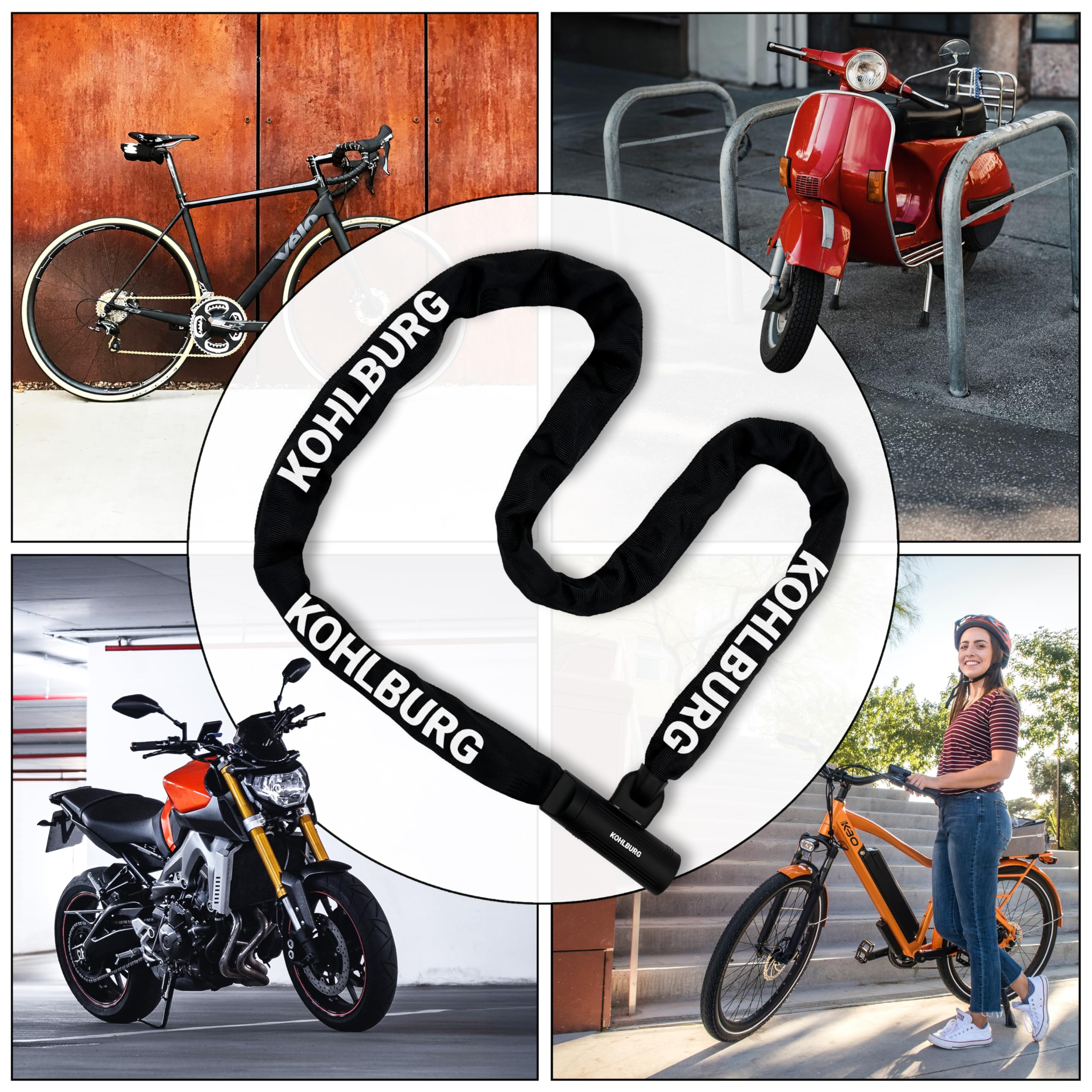 KOHLBURG 200cm Catena antifurto di sicurezza con catena quadrata da 8,3 mm in acciaio speciale, 2 metri extra lunghi, antifurto per bici sicuro da 2m di lunghezza, 4 chiavi per e‑bike, bici e moto
