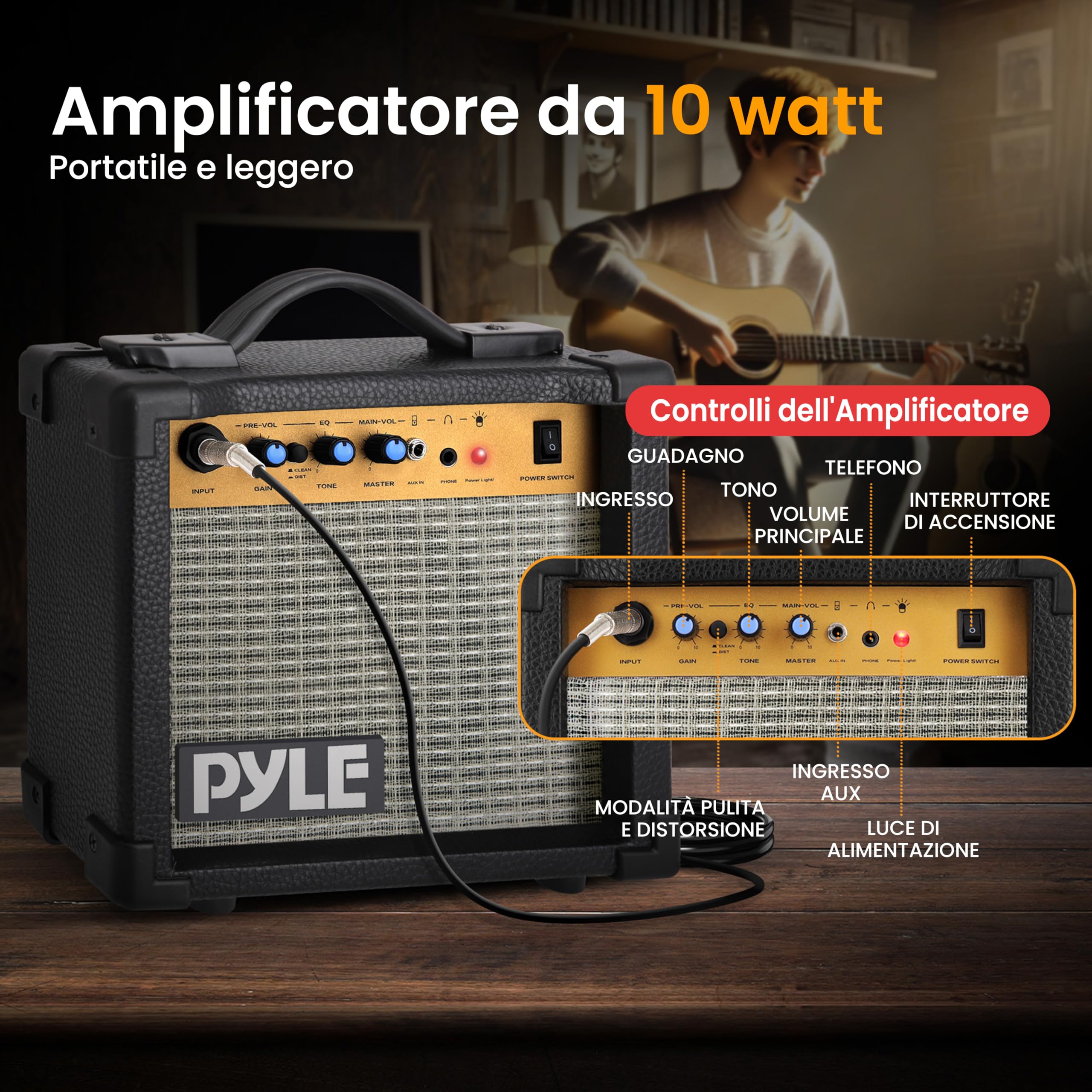 Pyle Kit Chitarra Elettrica Acustica 4/4 con Amplificatore Spalla, Legno Abete Rosso 1,04 m
