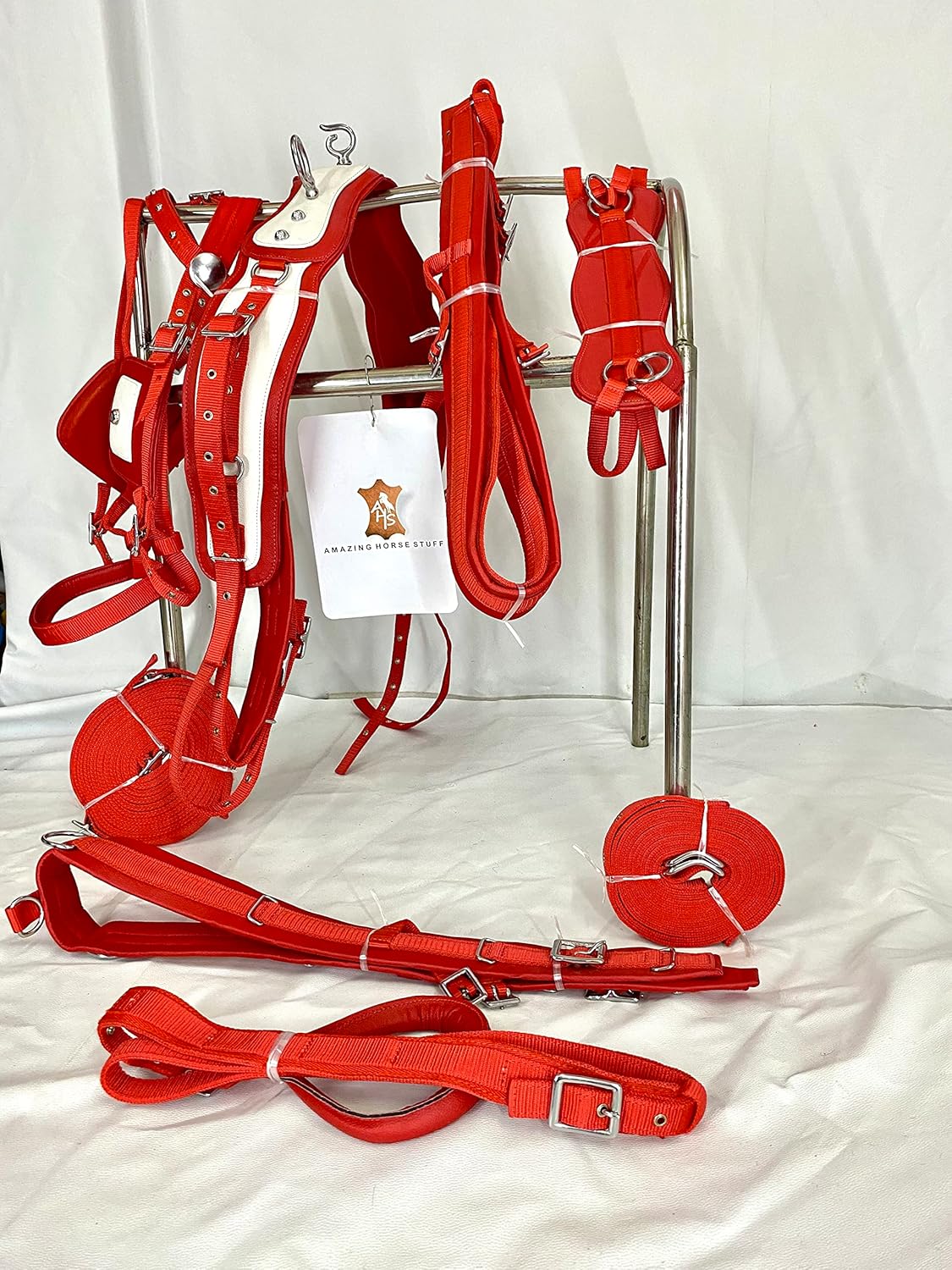 Nylon Horse Driving Harness | Carved Chrome studds on Saddle and Bridle | Full | Cob | Pony | Shetland | Mini | Red & White |