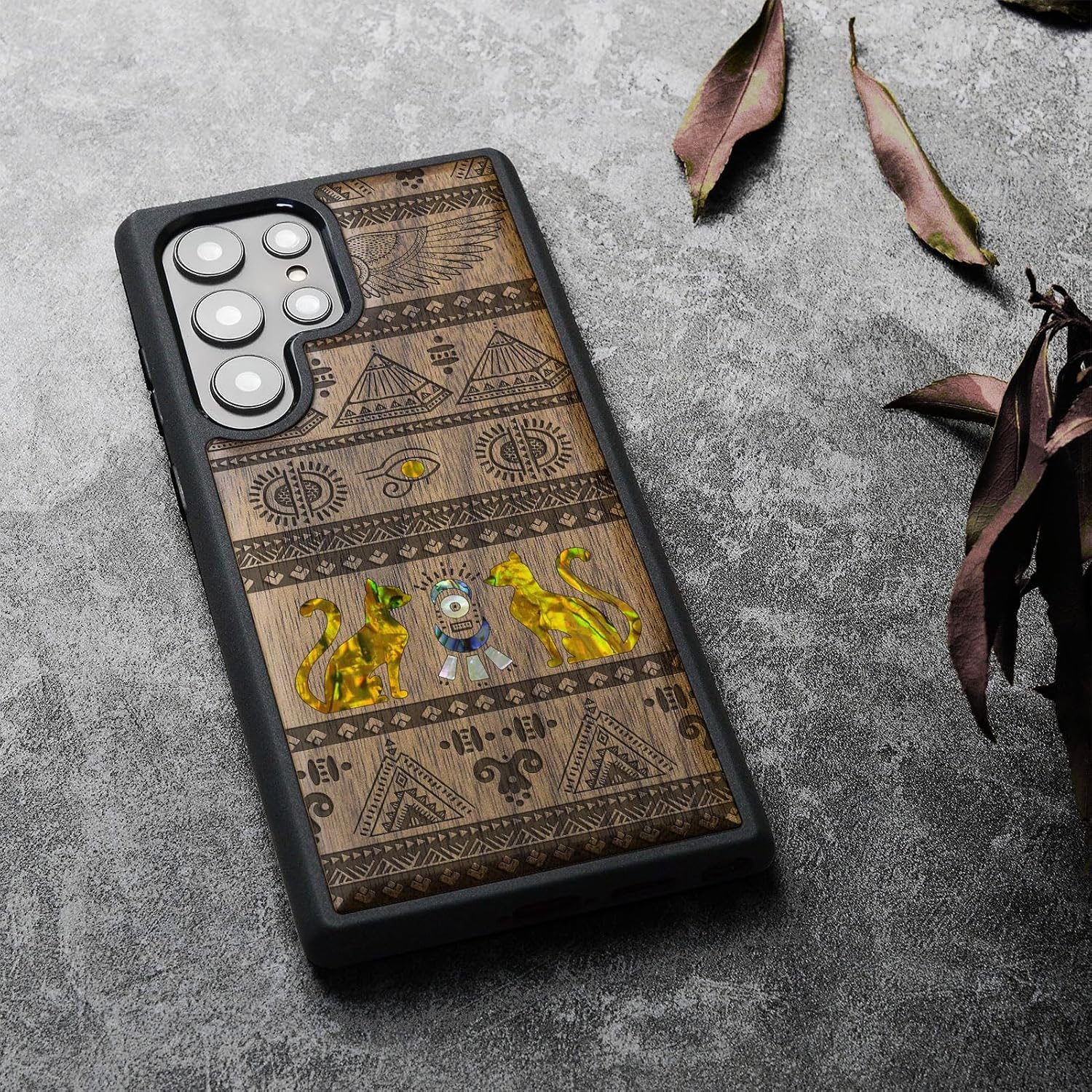 Carveit Designer Wooden Case for Samsung Galaxy S24 Ultra Case [Wood Engraving & Shell Inlay] Compatible with Wireless Chargers S24 Ultra (The Symbols of Egypt-Walnut)