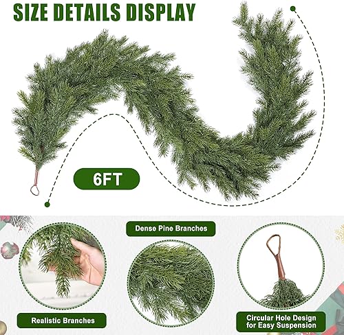 Miniatura 2 de Artgar Guirnalda de cedro de Navidad realista, 6 pies, guirnalda verde sintética gruesa, pino artificial, real al tacto para el hogar, mesa, repisa,