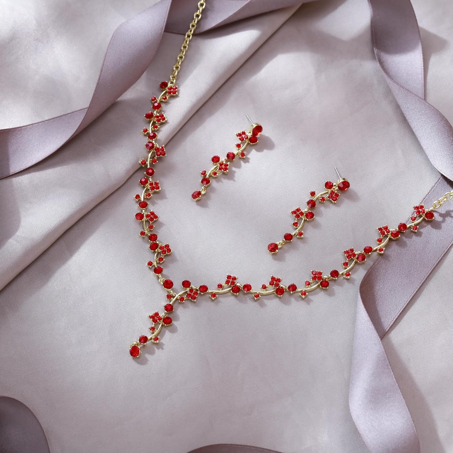 EVER FAITH Wedding Prom Flower Jewelry Set, Austrian Crystal Vine Filigree Y-Shaped Necklace Dangle Earrings Set for Women - Image 4