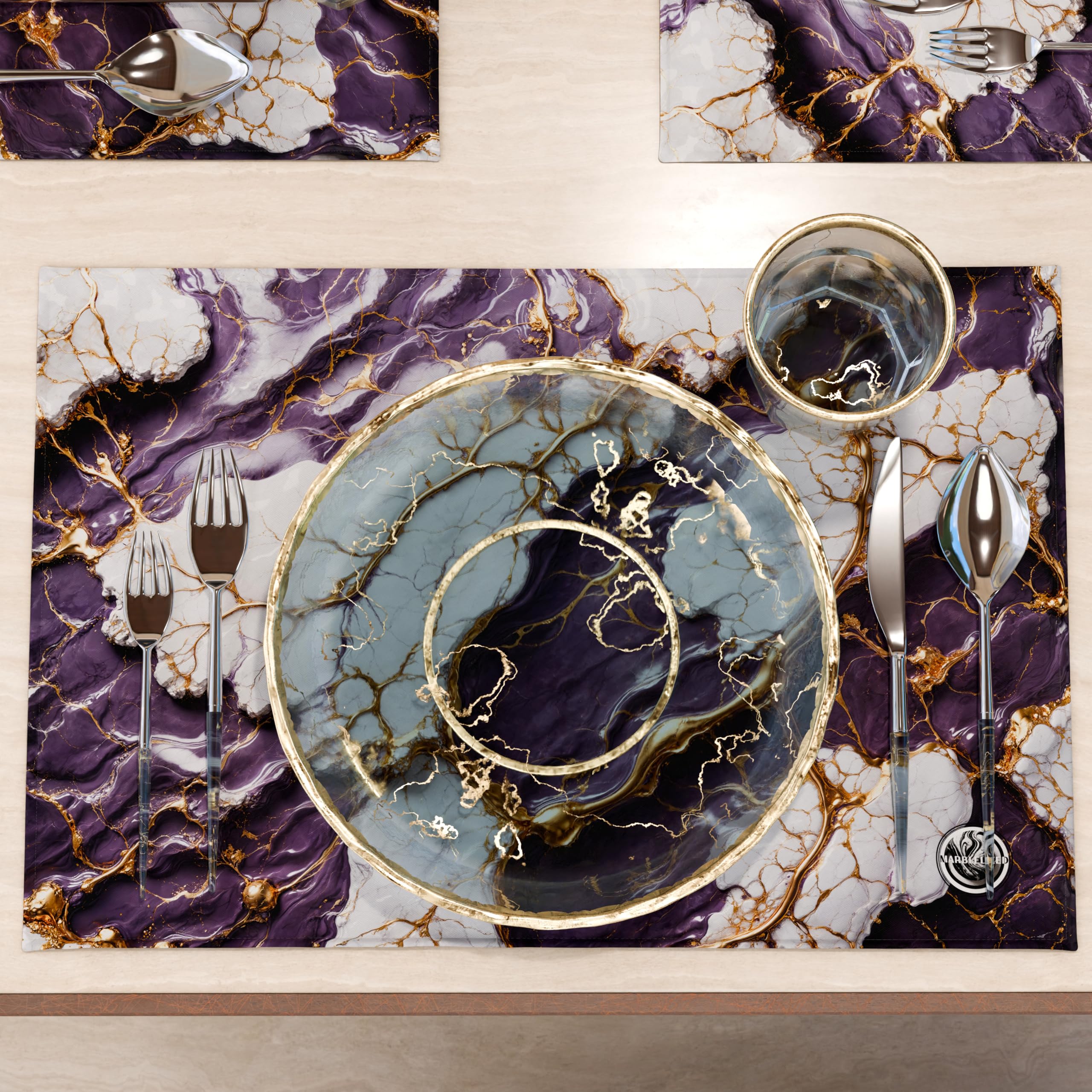 MARBLELIZED, Washable American Placemats, Purple Marble Effect Fabric Placemats, Set of 2 (30 x 45 cm), Elegant - Image 3
