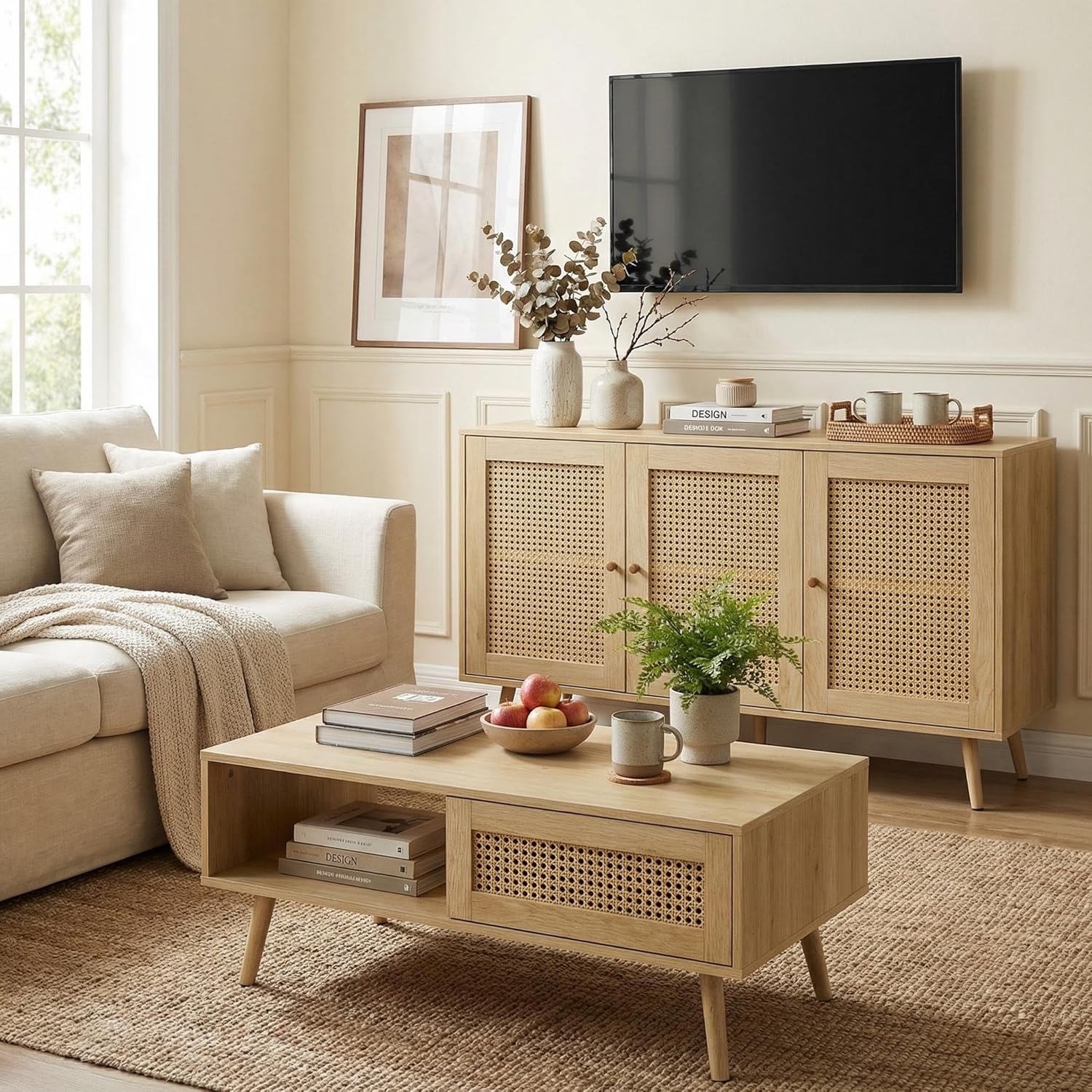 IDEALHOUSE Living Room Table Sets of 2, Includes 47" Rattan TV Stand Storage Cabinet for 55" TV, Farmhouse Coffee Table with Storage Shelf for Bedroom