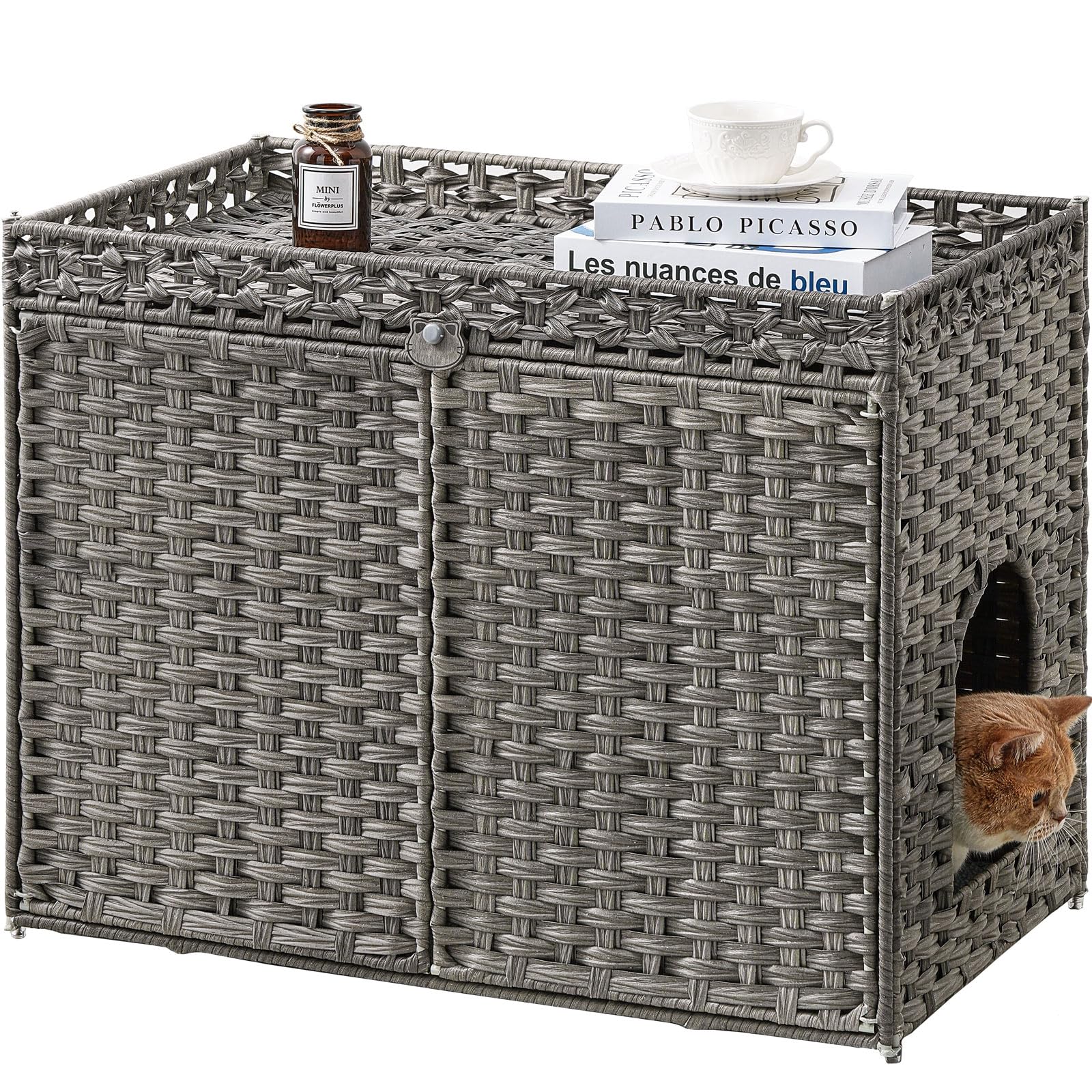 SETVSON Cat Litter Box Enclosure Furniture, Handwoven Rattan Hidden Litter Box with Mat, Large Space Cat House with 2 S-Shaped Hooks 30.3 x 18.3 x 24.4 Inches, Indoor for Living Room Apartment Gray