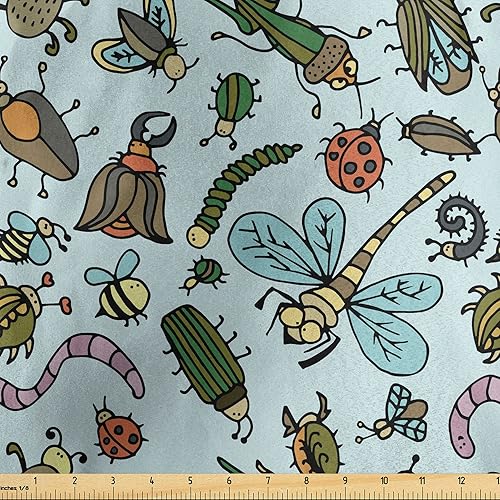 Ambesonne Cartoon Fabric by The Yard, Pastel Animals Pattern Dragonflies Beetle Ladybug Earth Worm Spring, Decorative Satin Fabric for Home Textiles