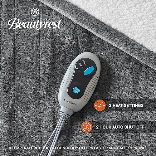 Miniatura 5 de Beautyrest Manta térmica, manta eléctrica, suave, cálida y reversible, sherpa, 3 ajustes de calor, apagado automático 2 horas, lavable a máquina, 50
