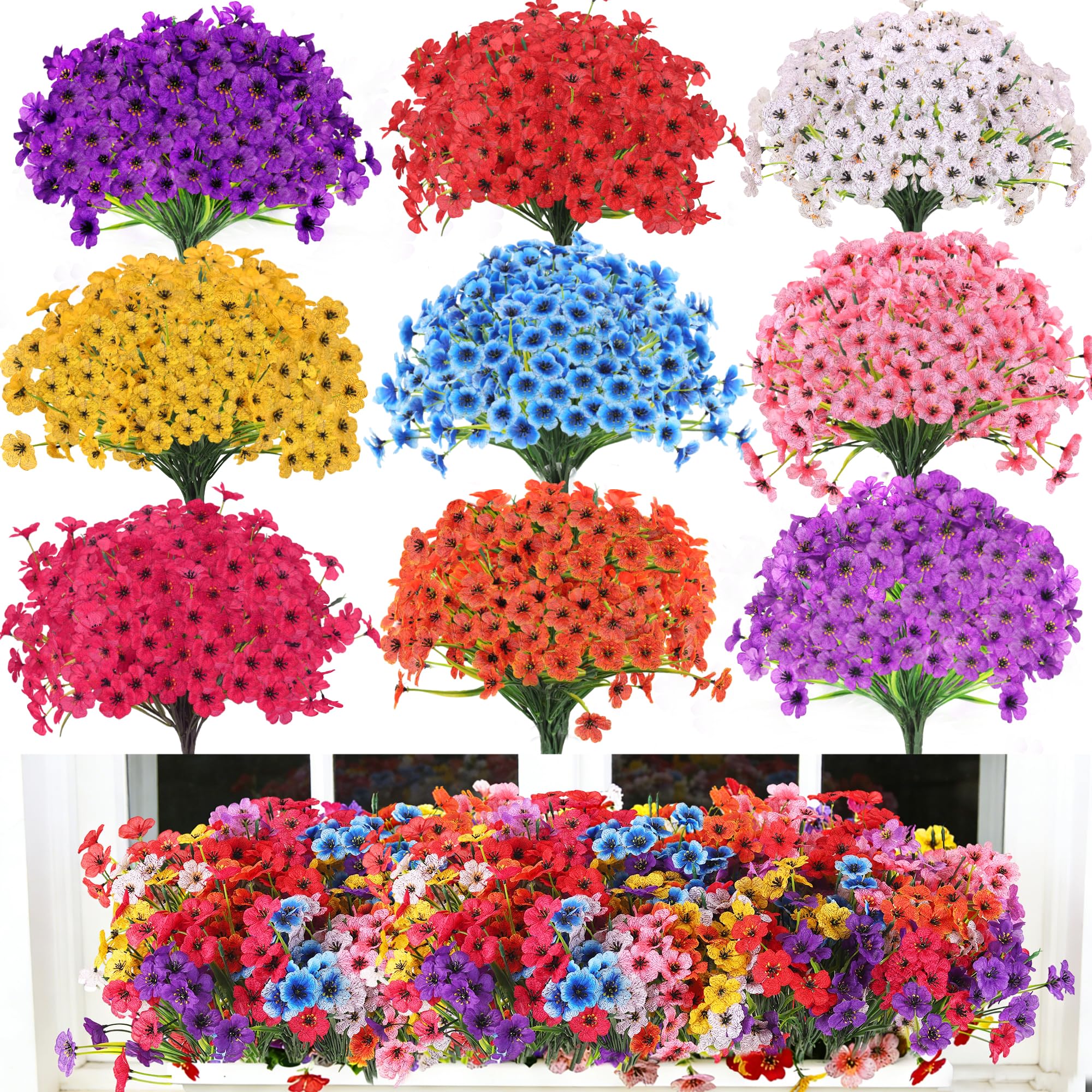 18 Bundles Artificial Flowers Outdoor, 9 Colors UV-Resistant Artificial Flowers, No Fade Plastic Faux Plants for Indoor Outside Garden Porch Window Box Farmhouse Wedding Decoration Hanging Planters