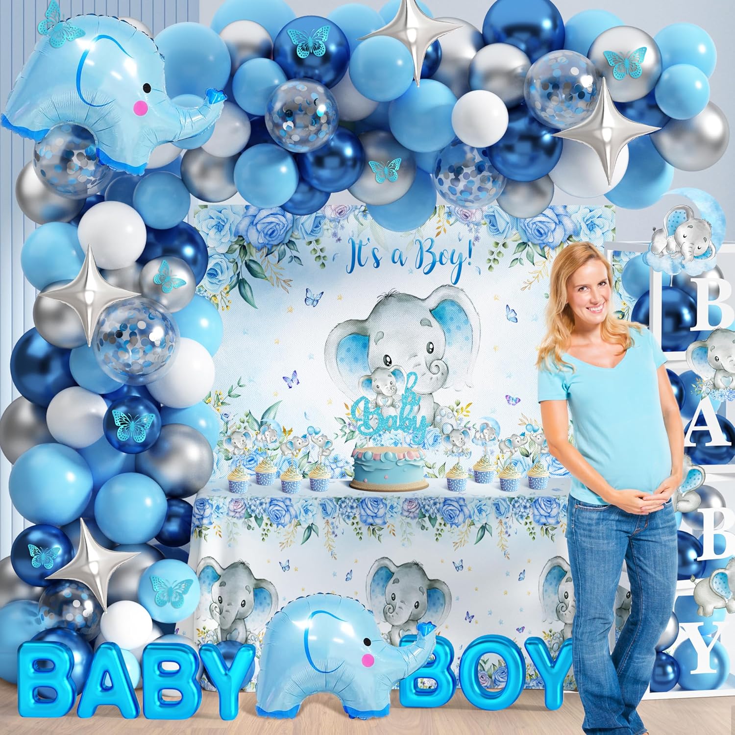 Elephant Baby Shower Decorations for Boy Elephant Themd Birthday Party Supplies Balloon Garland It's a Boy Backdrop Tablecloth Cake Toppers Foil Balloon for Baby Shower Decor