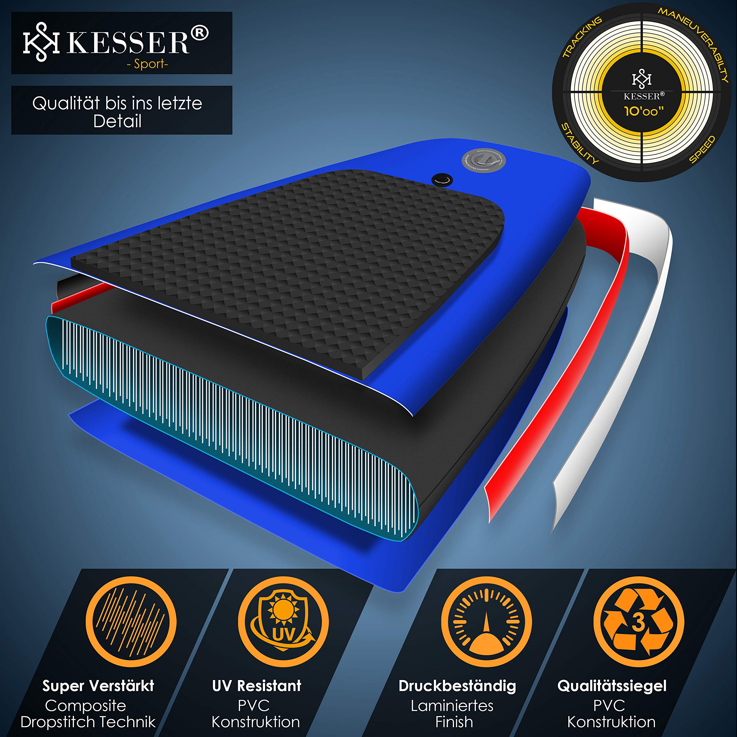 KESSER® Set Sup Board Gonflable Stand Up Paddle Board Premium Surfboard Sports Aquatiques | 6 Pouces d'épaisseur | Accessoires complets | 130kg