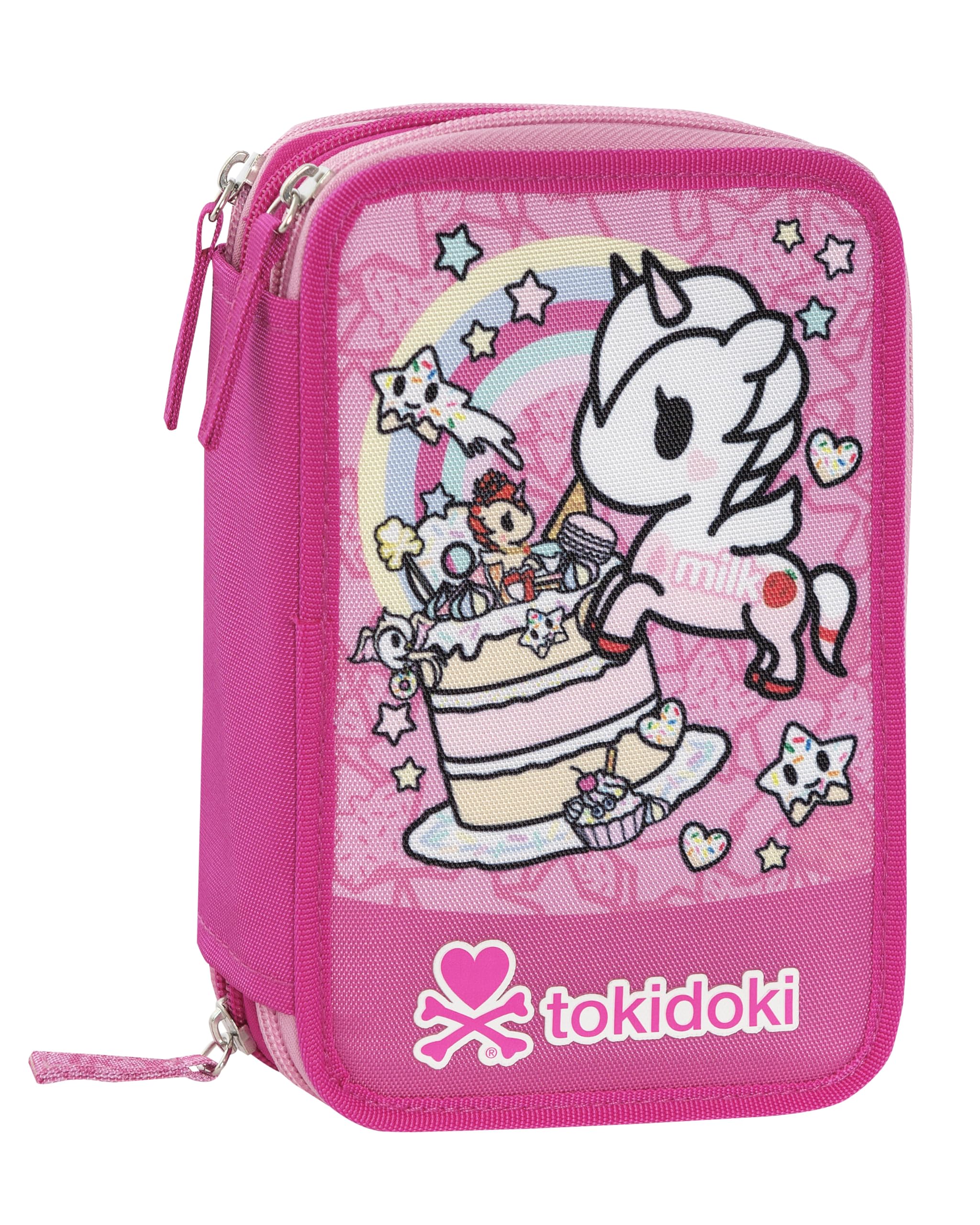 Tokidoki – Estuche escolar oficial Tokidoki, estuche con 3 compartimentos para niña y niño con juego de papelería, bolígrafo borrable azul, práctico cierre de cremallera, 20 x 13 x 7 cm, rosa,