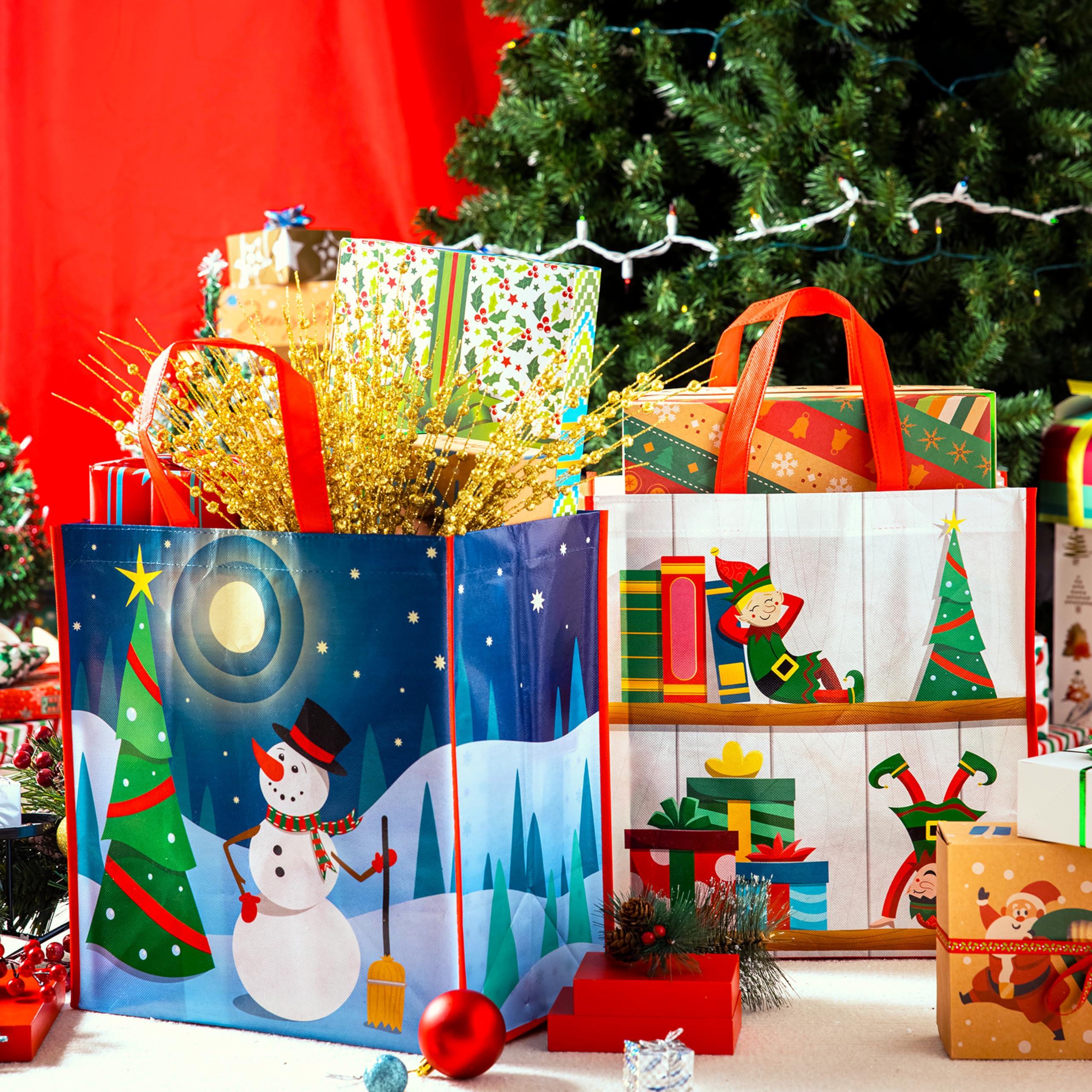JOYIN 12 Bolsas de Asas Grandes Navideñas de 34 x 35cm Bolsas Reutilizables para Compras Navideñas, Bolsas de Regalos para Fiestas de Navidad