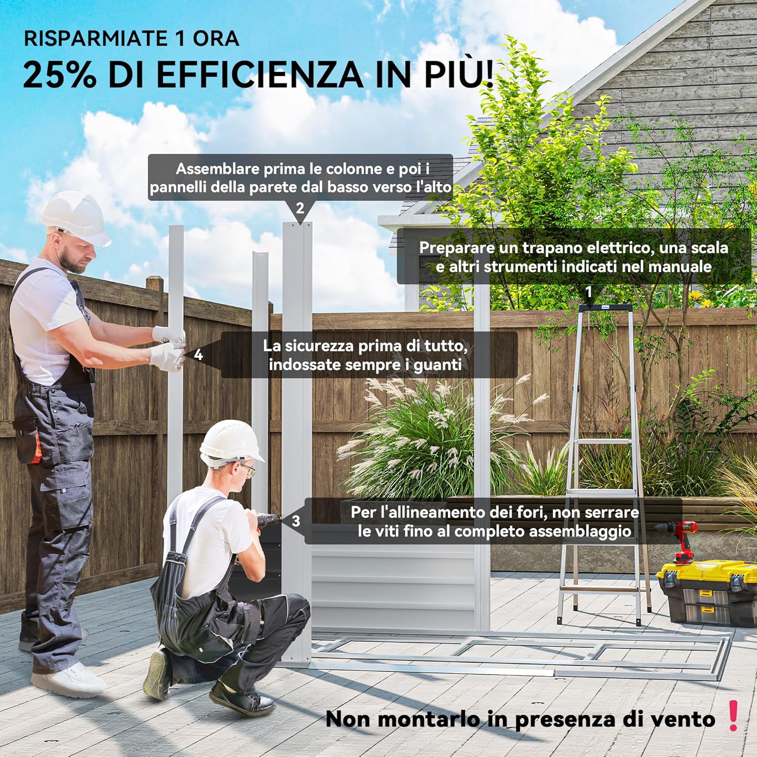Detailed assembly instructions for the Outsunny garden shed, showing two people working on the frame and panels.