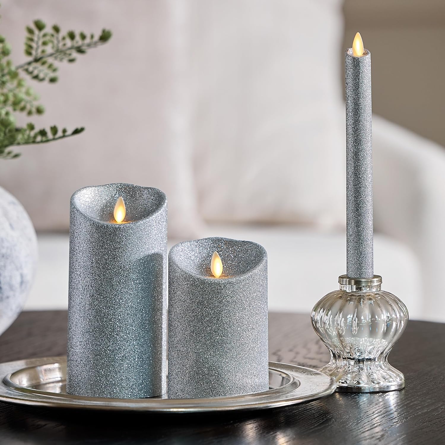 Luminara Brilliant Silver Glitter Flameless Candle Moving Flame LED Taper - 1" x 9.5"