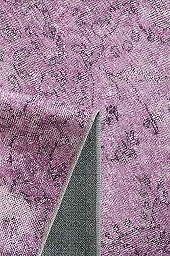Miniatura 8 de Woolknot ENC1093 - Alfombra vintage púrpura para sala de estar, alfombra floral, morado, lavable, bohemio, medallón desgastado impreso alfombra (3