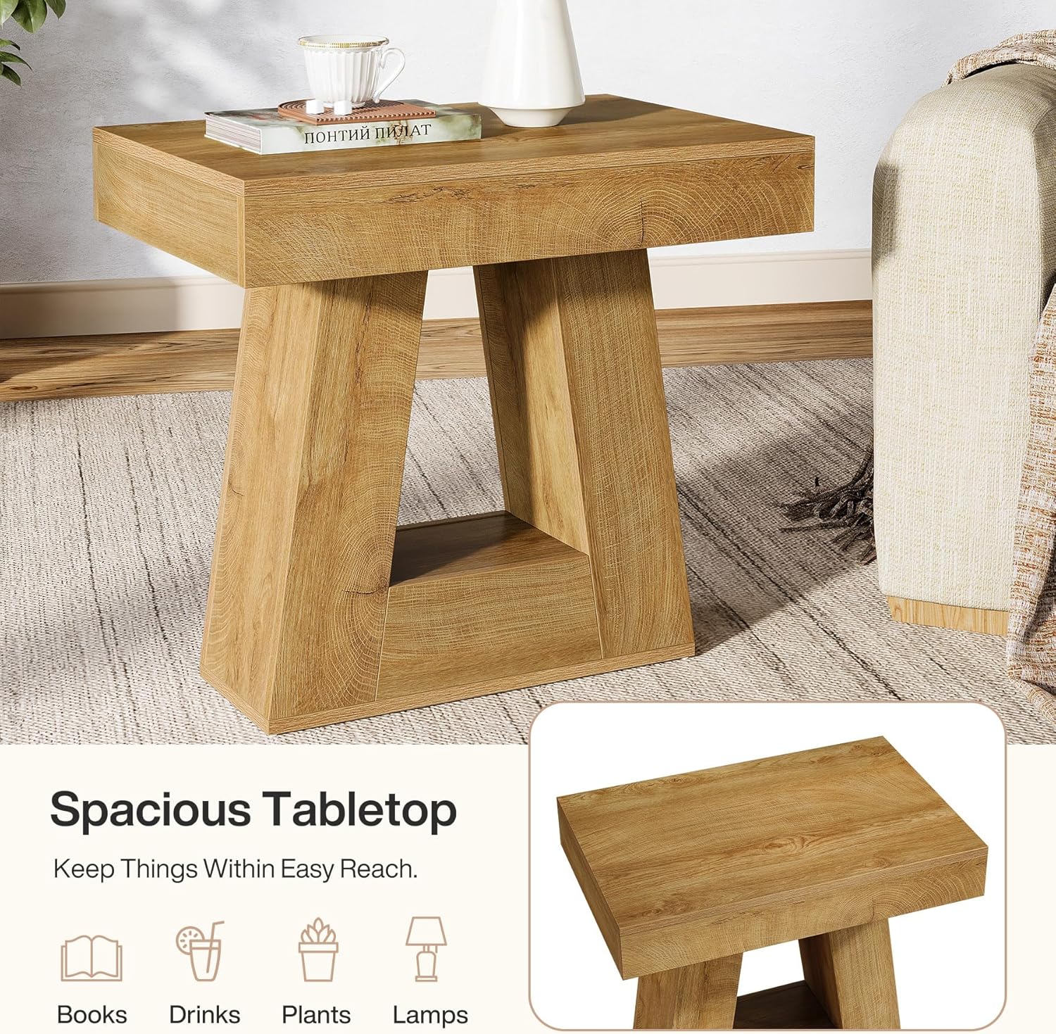 Tribesigns 24" Modern Side Table, 2-Tier Narrow Wooden End Table with Trapezoid Base, Farmhouse Small Nightstand for Living Room, Bedroom, Natural Wood Color