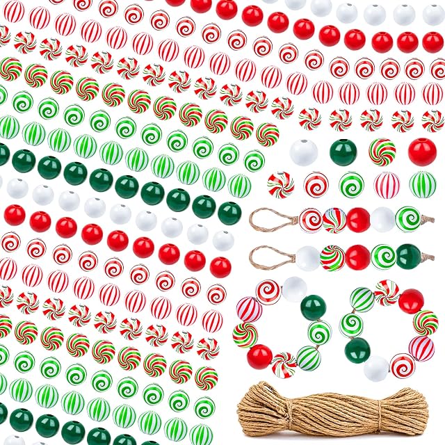 Belinreli Christmas Wood Beads, 250Pcs Candy Cane Wooden Beads 16 mm Round Colorful Craft Bead with Holes Swirl Wooden Beads for Jewelry Making Garland DIY Christmas Tree Home Party Holiday Decoration