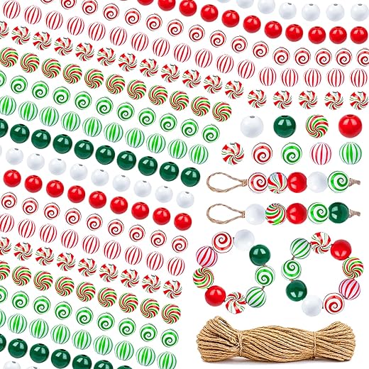 Belinreli Christmas Wood Beads, 250Pcs Candy Cane Wooden Beads 16 mm Round Colorful Craft Bead with Holes Swirl Wooden Beads for Jewelry Making Garland DIY Christmas Tree Home Party Holiday Decoration