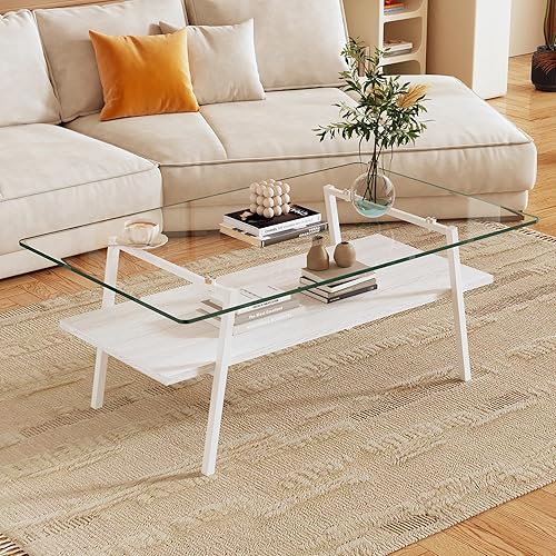 Miniatura 4 de Mesa de centro de cristal para sala de estar, mesa de centro de 2 niveles de mediados de siglo, mesa central con parte superior de vidrio templado