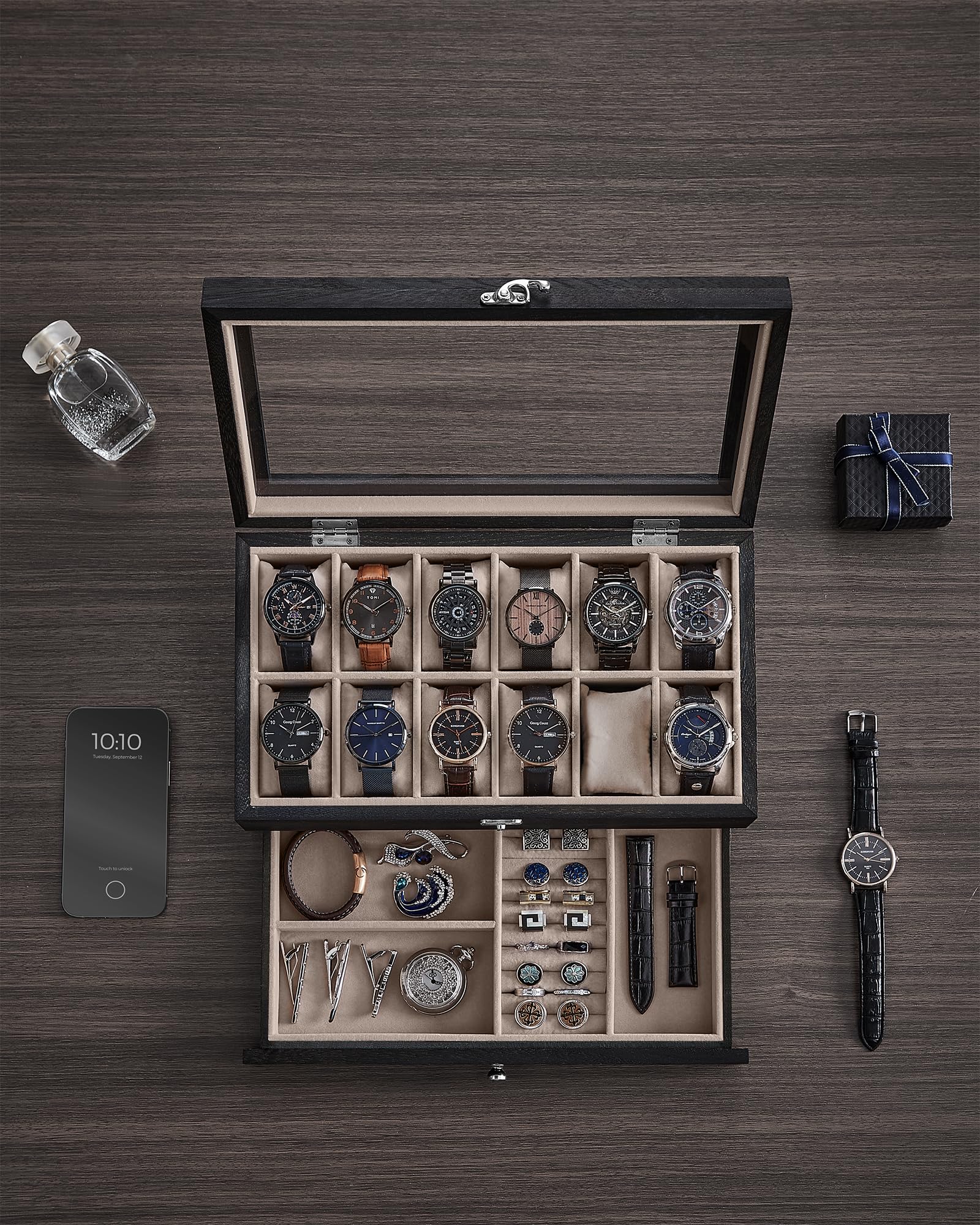 SONGMICS Porta Orologi a 12 Scomparti, Scatola Portaorologi a 2 Livelli, Coperchio in Vetro, con Cuscinetti, Fodera in Velluto, Idea Regalo, Nero Ebano JOW012B01
