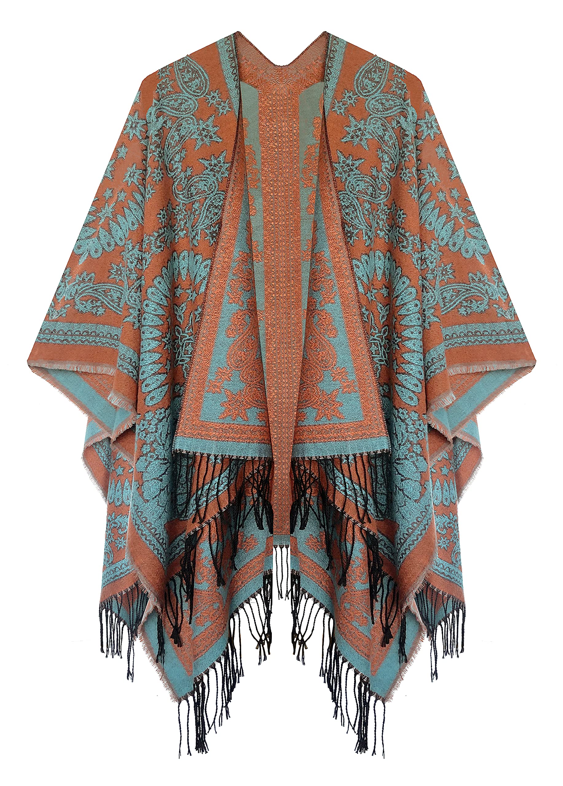 Urban CoCo Women's Printed Tassel Open front Poncho Cape Cardigan Wrap Shawl