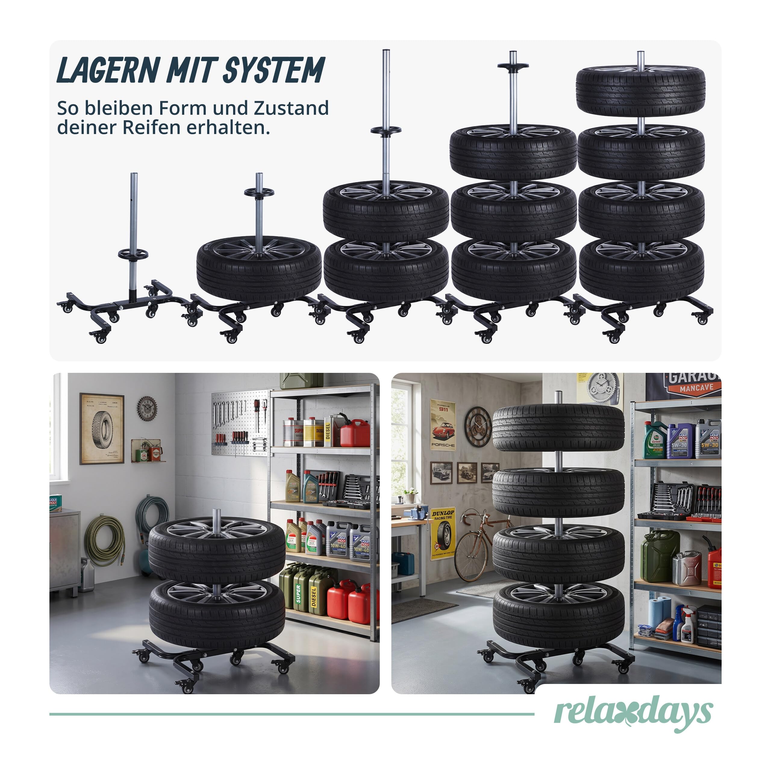 Relaxdays Reifenständer mit Rollen, für 4 Reifen mit Felgen, Reifenlager bis 150 kg, HBT: 130x50x50 cm, Stahl, schwarz