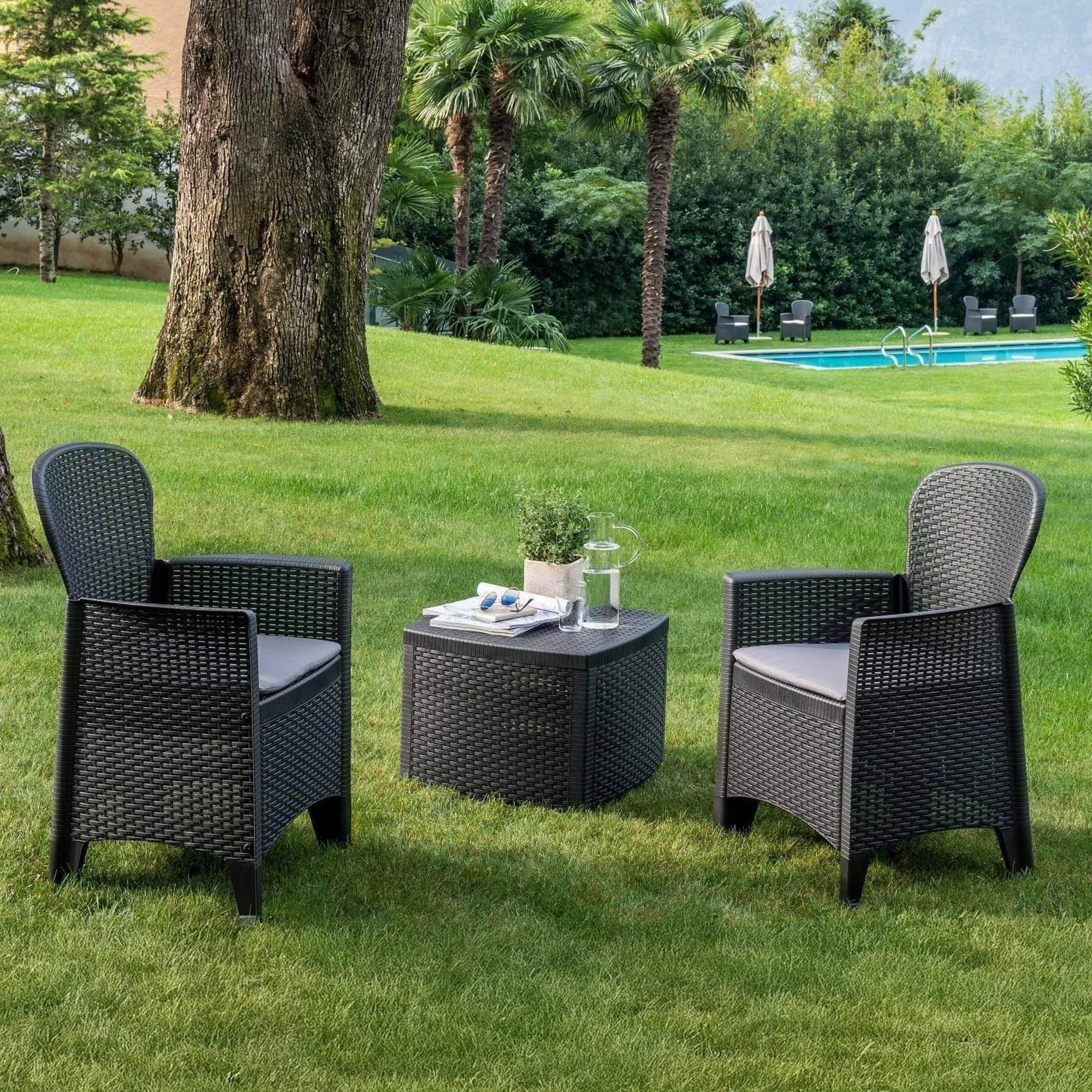 Dmora - Ensemble de salon d'extérieur Naples, Composition de jardin avec 2 fauteuils et 1 table de rangement, Salon effet rotin, 100% Made in Italy, Anthracite