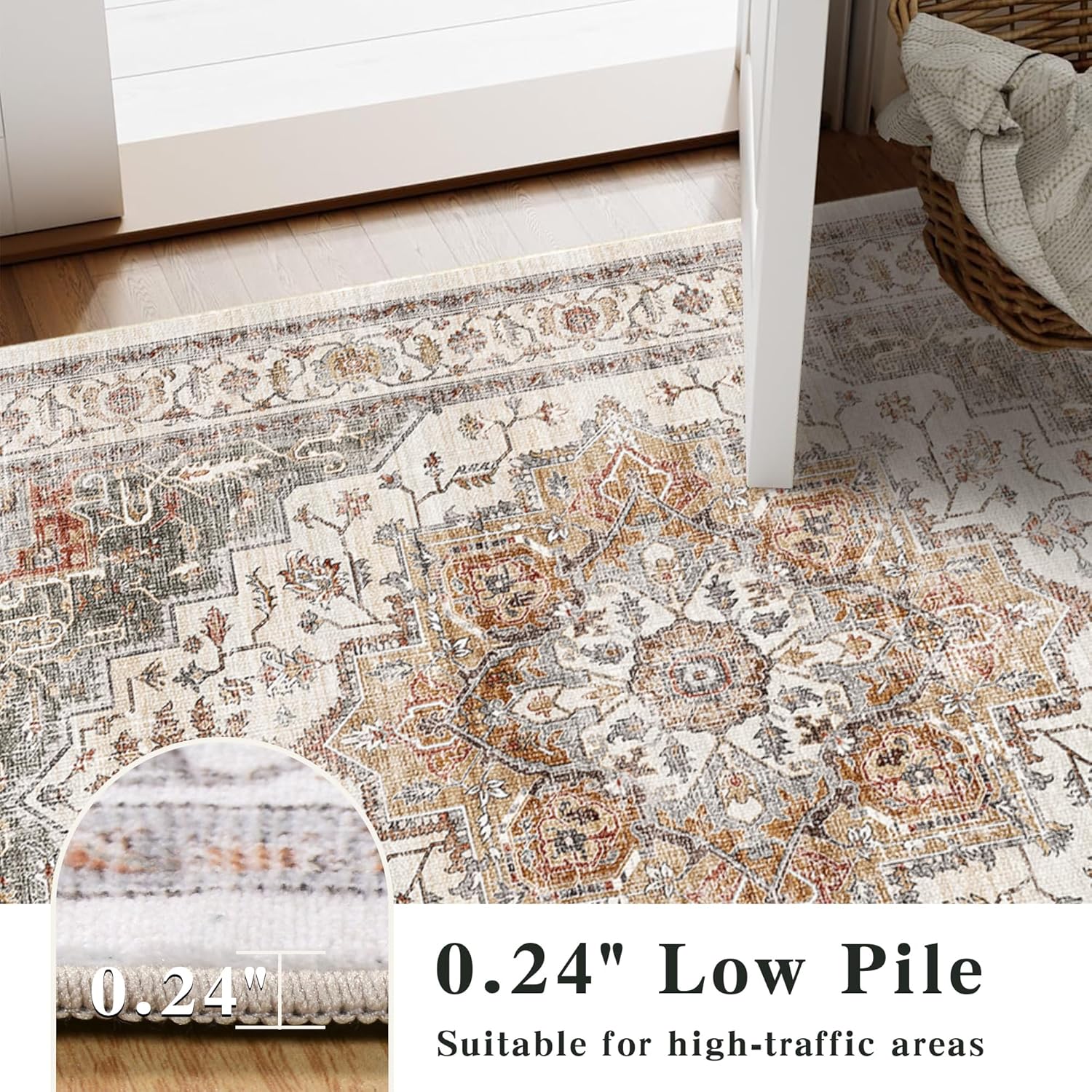 2'6" x 8' Vintage Runner Rug Low Pile Runners Non-Slip Machine Washable Rug Retro Distressed Print Lightweight Carpet for Hallway Kitchen Living Room Bedroom Laundry Room