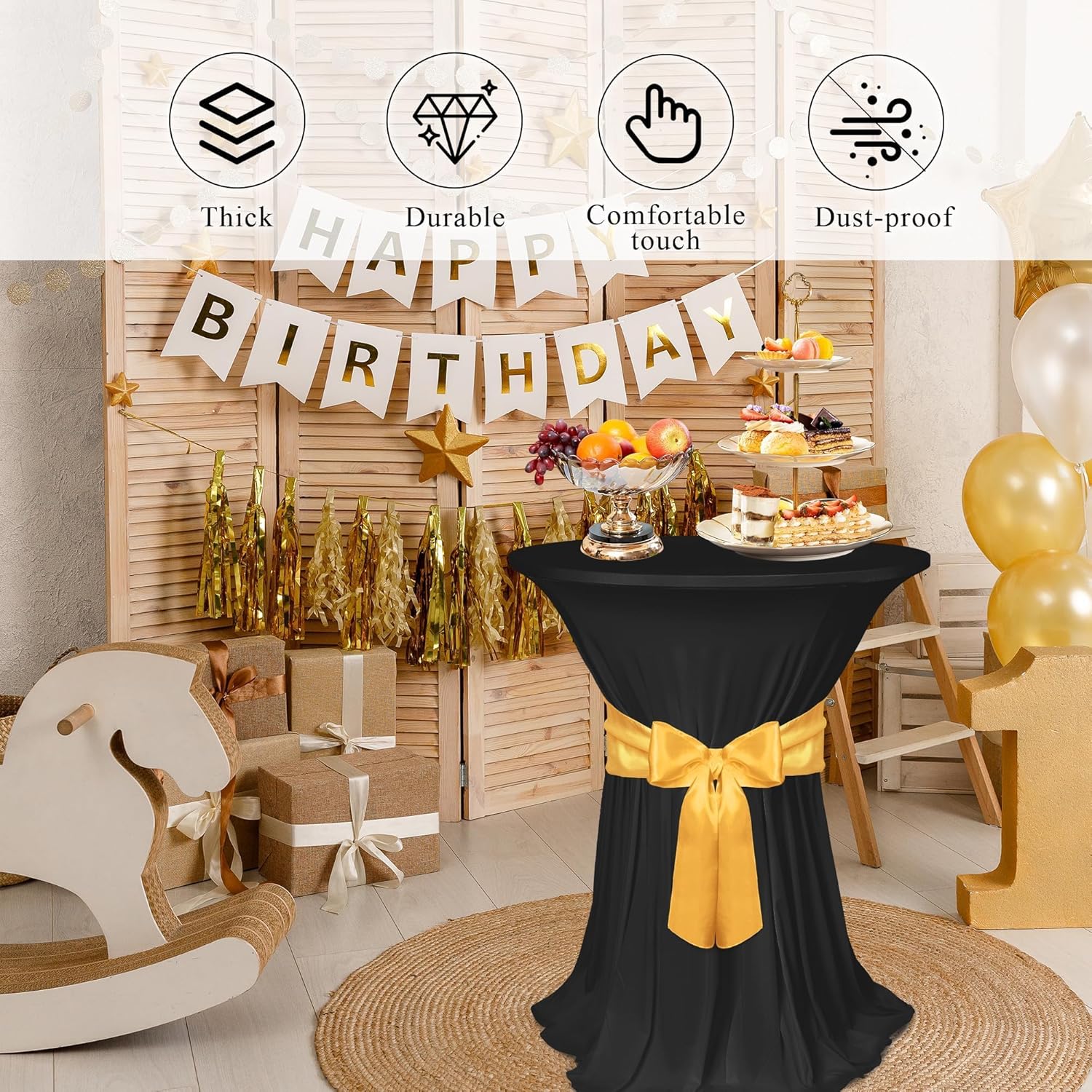 Kochorie 4 Set Cocktail Table Covers with Satin Sash, 32 x 43 Inch Round Cocktail Table Skirt, Spandex Stretch High Top Tablecloth for Wedding Banquet Birthday Party Decorations, (Black, Gold)