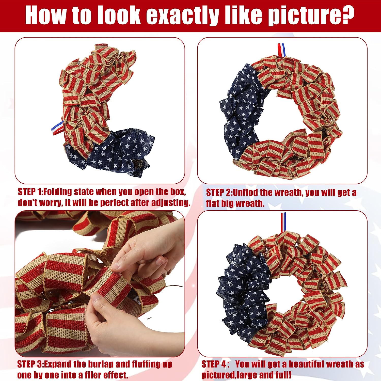 Sggvecsy 23Inch 4th of July Patriotic Day Wreath for Front Door with Grapevine Base America Patriotic Flag Burlap Summer Patriotic Decorations for Independence Day Memorial Day Veterans Day