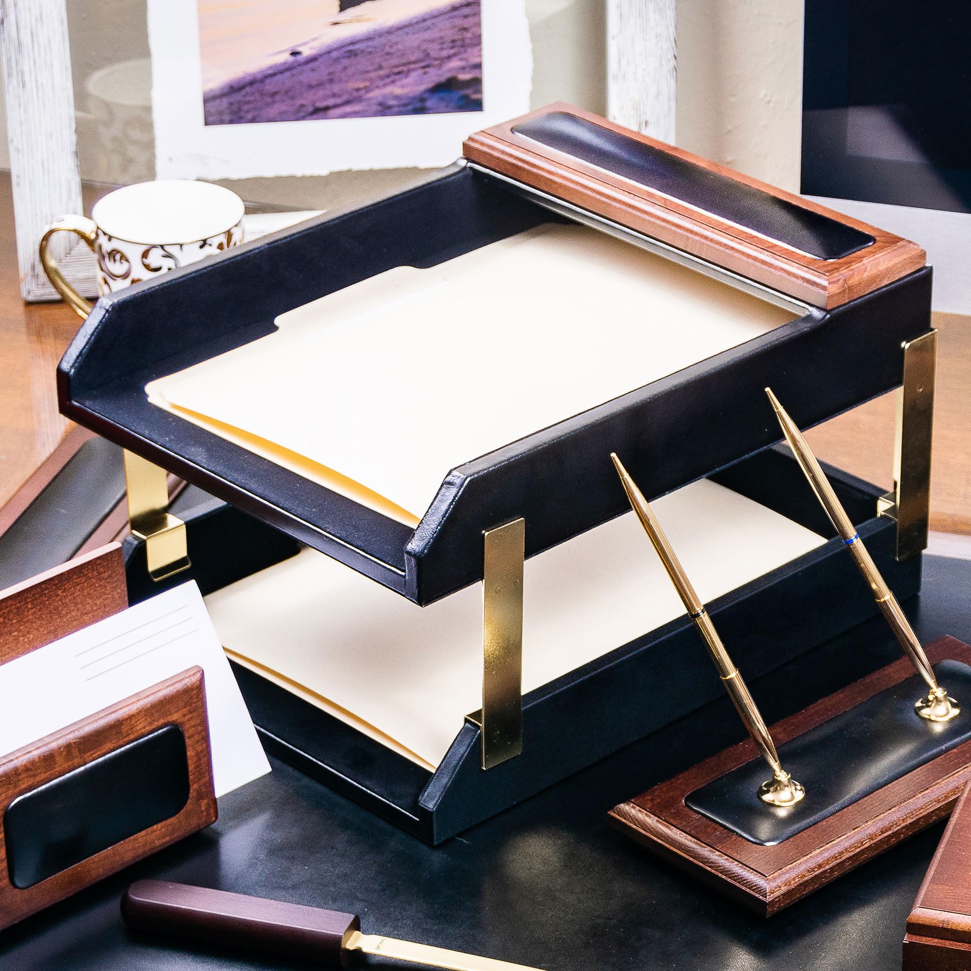 Dacasso Walnut & Black Leather Double Letter Tray Set w/Gold Stacking Posts - Luxury Executive Decor and Office Essential - Desk Surface Protector