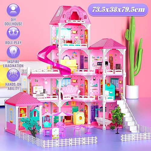 Miniatura 10 de Casa de muñecas para niñas, casa de muñecas de 10 habitaciones con figura de muñecas, cachorros, muebles, accesorios, casa de juegos para niños para