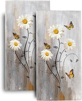 Daisy Flower and Butterfly Hand Towels for Bathroom Decor Set of 2,White Floral Decorative Bath Towels Soft Absorbent Hand Towel for Bathroom Kitchen Home Farmhouse Gym Yoga Spa 14"x28"