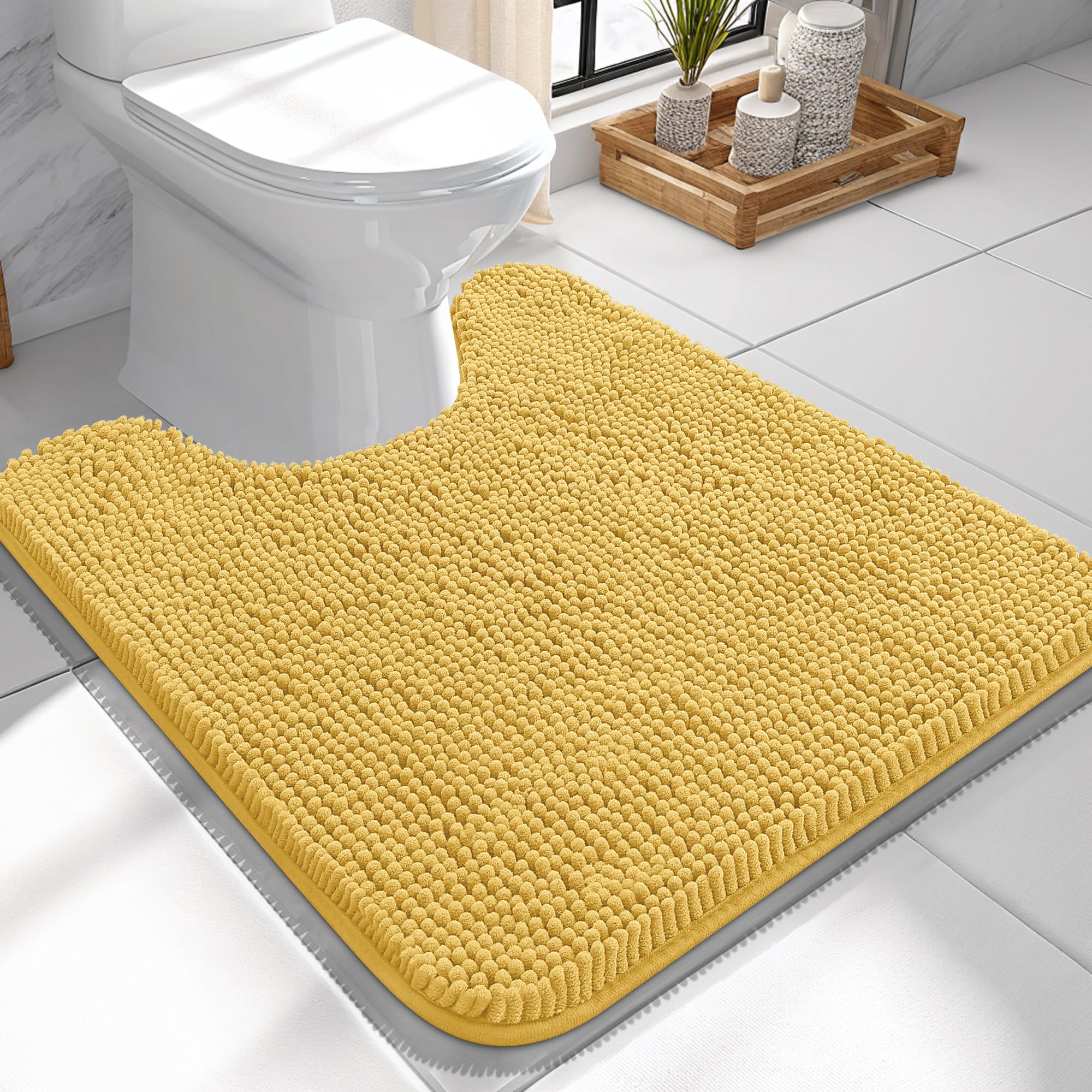 OLANLY Toilet Rugs U-Shaped 24x24, Soft Absorbent Chenille Contour Rugs | Yellow, Quick-Drying Rubber Backing, Machine Washable Non-Slip Shaggy Bathroom Mat for Toilet, Home Decor Accessories