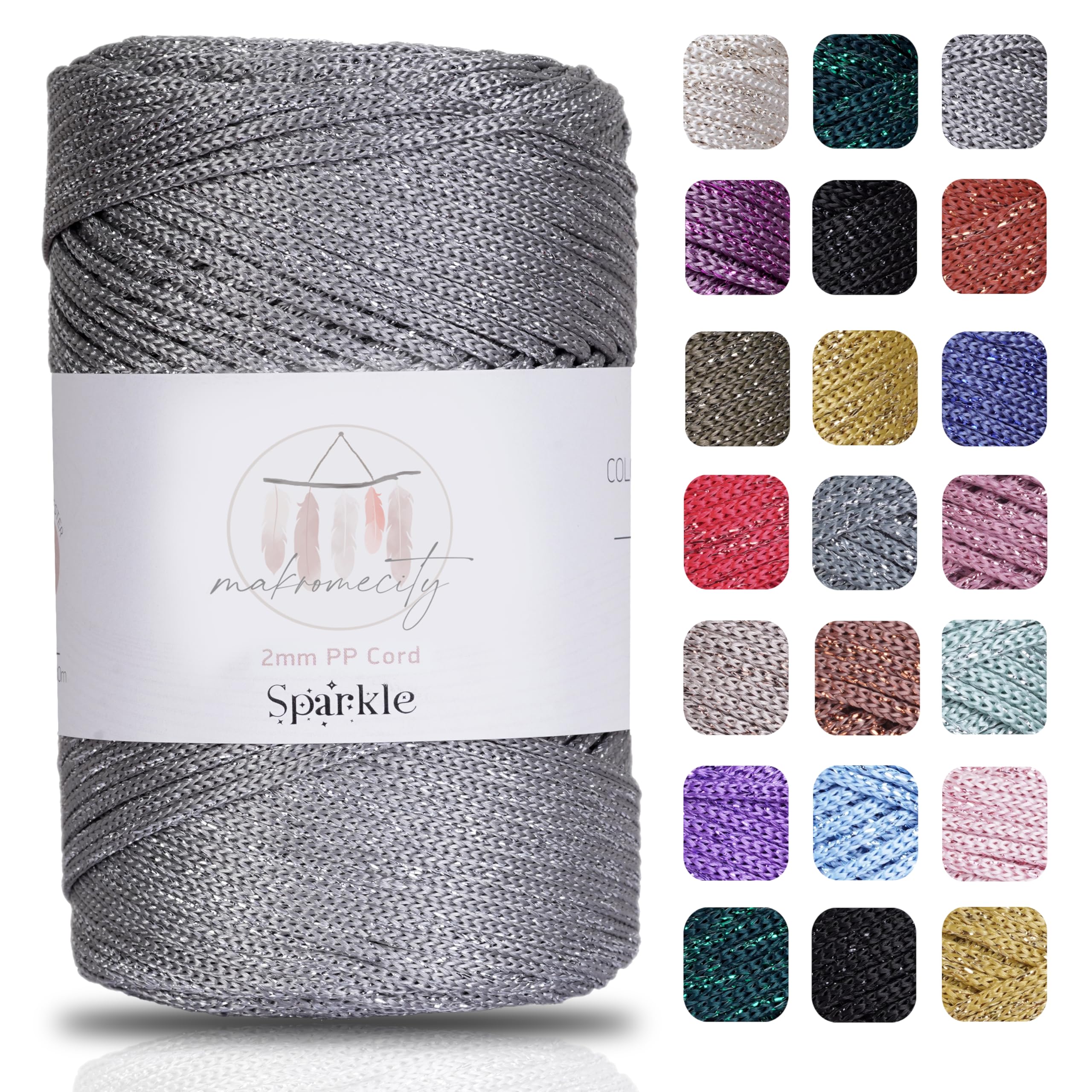 Makromecity, Sparkle Polyester Macrame Cord 2mm x 250 Yards (750 feet) 2mm Polypropylene Macrame Cord for Macrame Art & Crafts for Wall Hangings, Bags, Underplate, Rug