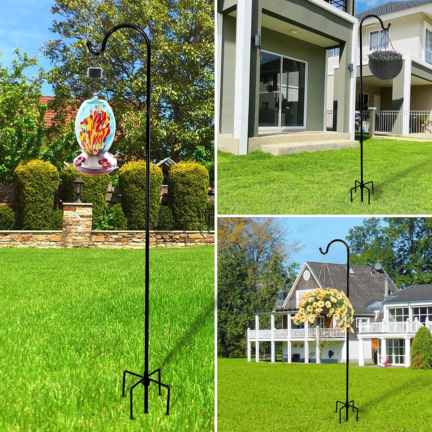 FEED GARDEN 92 Inch Tall Shepherd Hook,5 Prongs Base,5/8 Inch Thick Pipe, Strong Steel, Heavy Duty Adjustable Outdoor Garden Hooks for Hanging Plant Basket,Lantern Black (1 Pack)