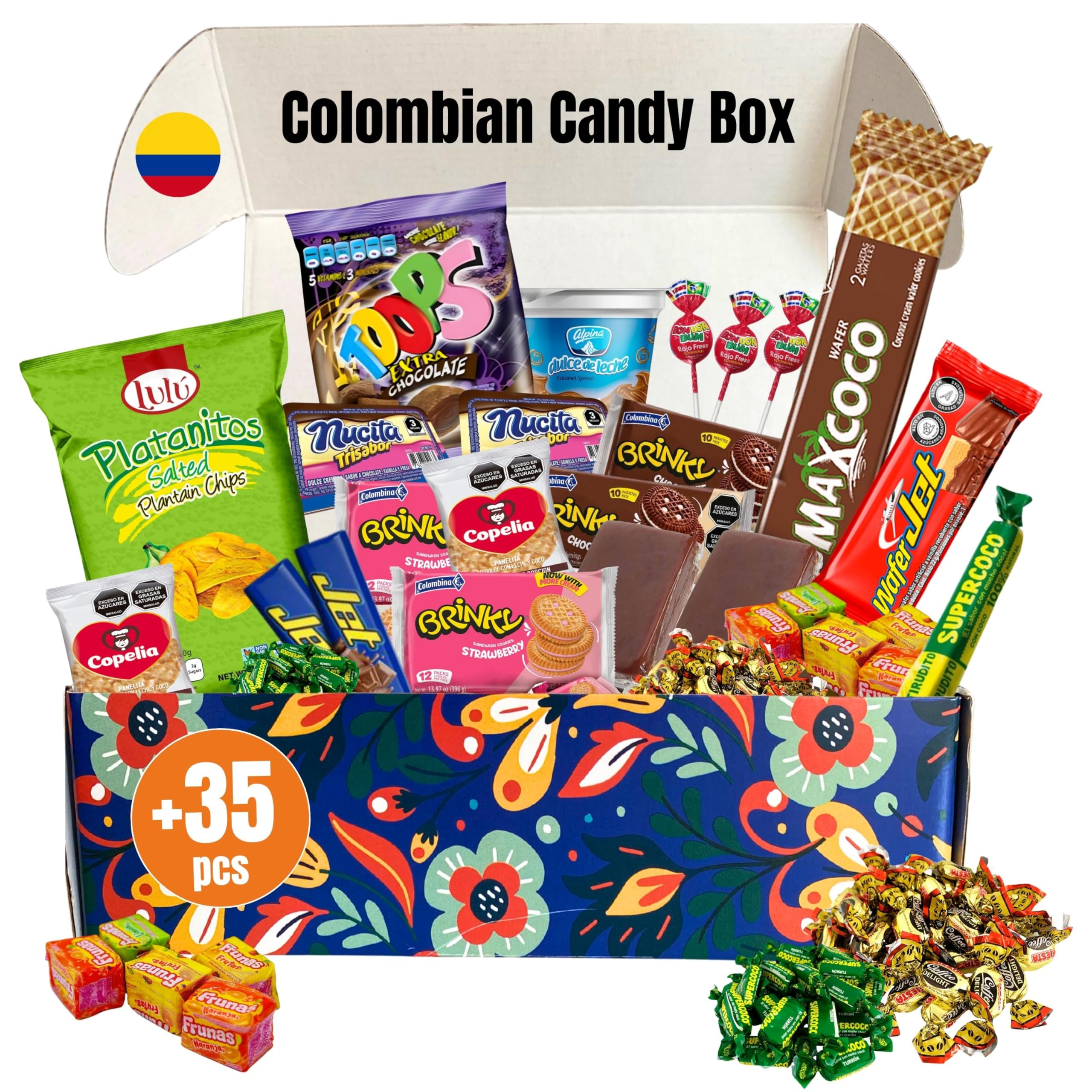 Colombian Assortment Candy Food Sweet Snacks Gift Crate Box Assorted Cookies, Chips & Candies Mix Variety Pack, Popular sweets, Fruit Snacks, Gift Snack Box for Lunches, Holiday Gifts. Birthday Collage Latin Sabor