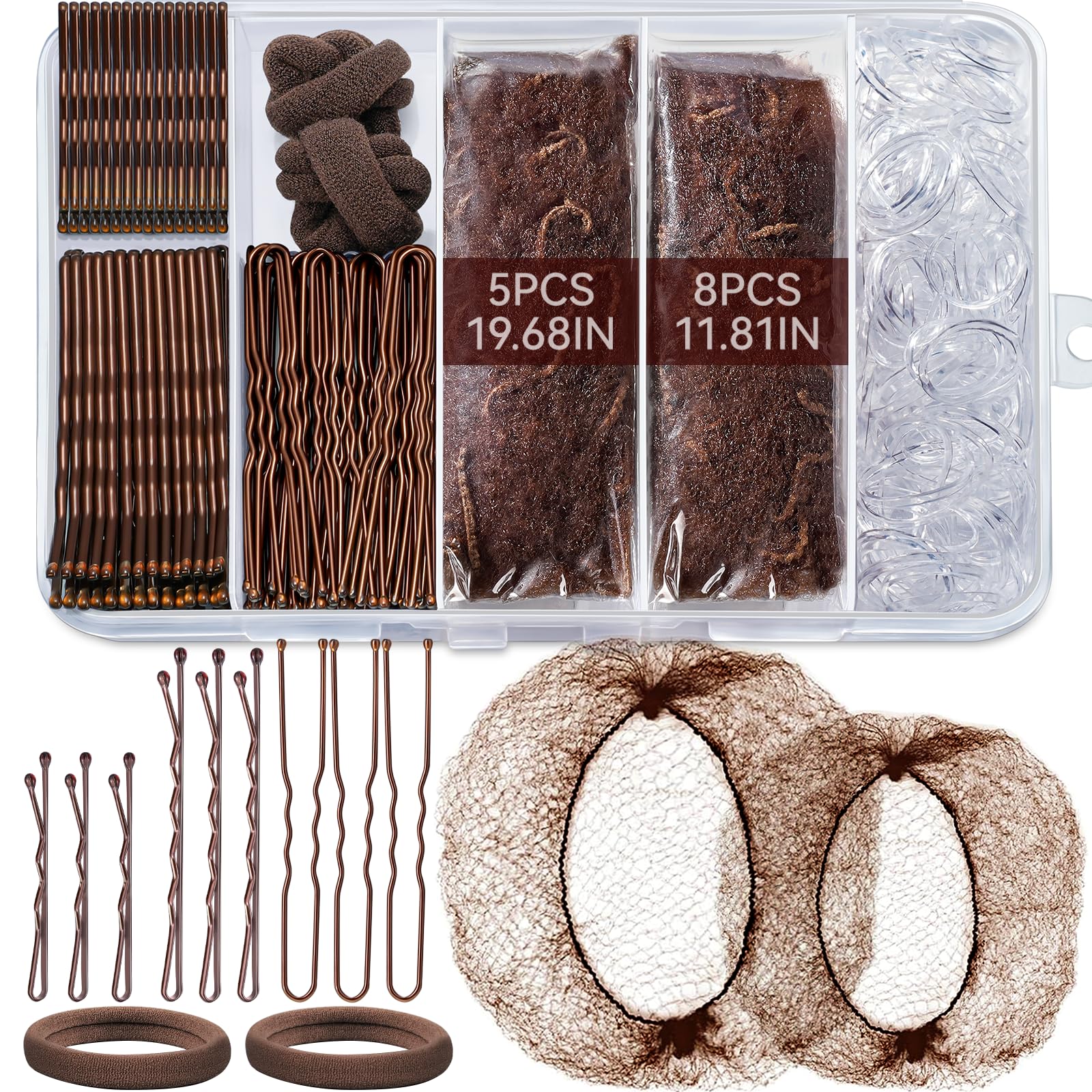 TsMADDTs Bobby Pins and Hair Nets Set, Hair Accessories for Women with Invisible Nets for Ballet Bun(11.81&19.86in), U Pins for Dance(1.37&2.36in),